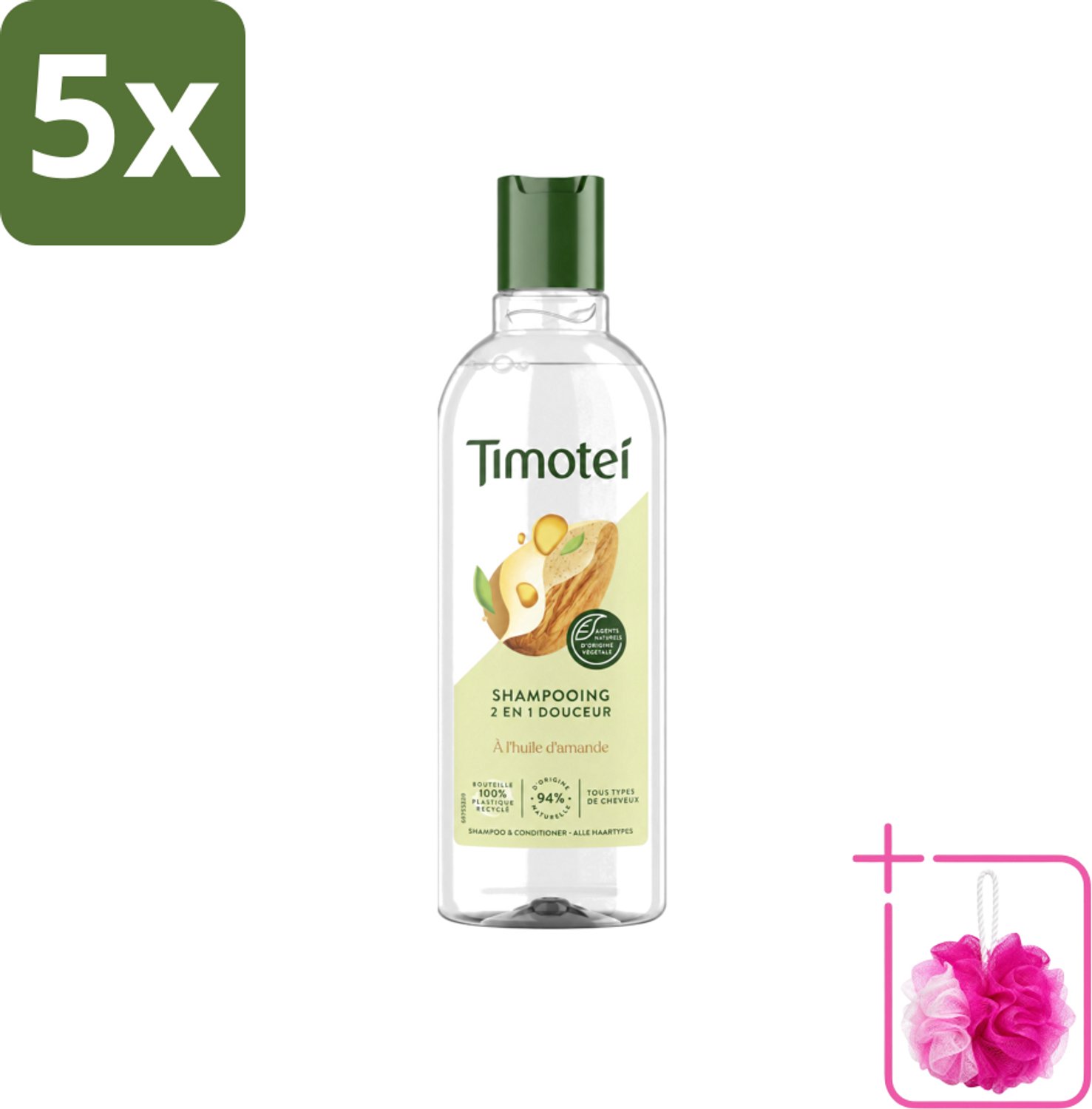 5 x Timotei - Shampoo - Amandelolie - 2in1 - Alle haartypes - 300ml - Bulkverpakking - 2in1 shampoo en conditioner - Douchemop - Amandelolie shampoo