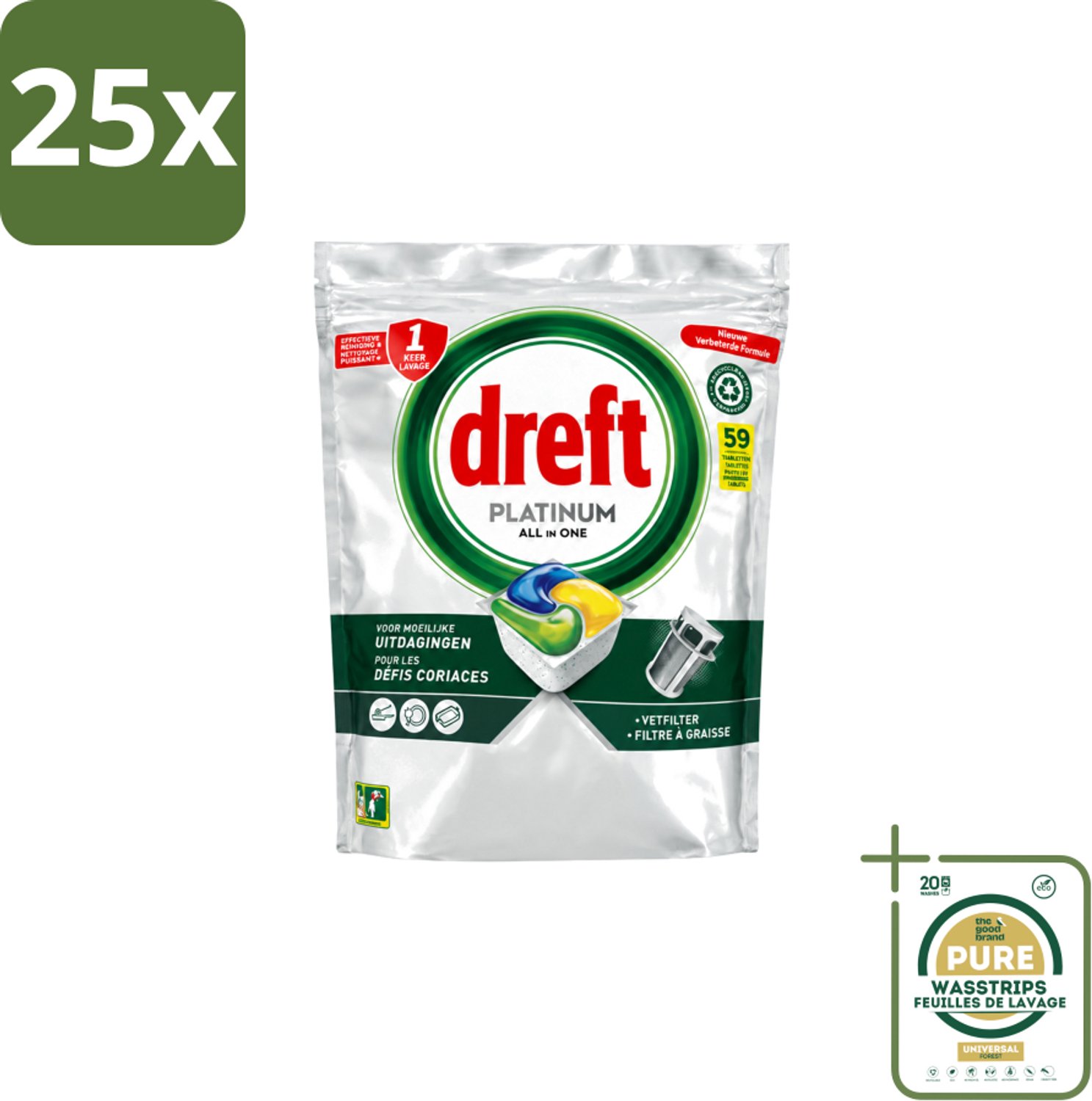 25 x Dreft – Vaatwastabletten – All-in-One Platinum – Lemon – 59 Tabletten - Wasstrips - Vaatwastabletten - Vaatwasser - Vetverwijderen - Glasbescherming - Citroengeur