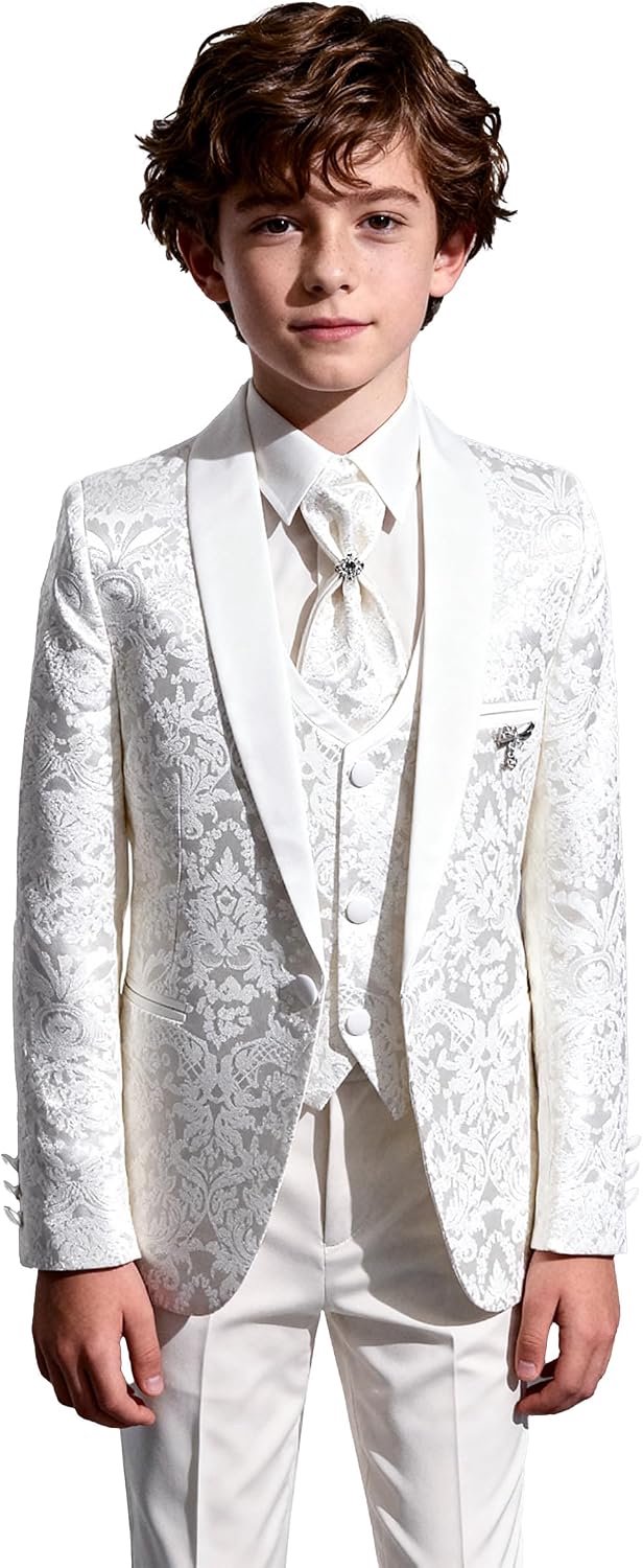 Smokingpak met patroon voor jongens in ivoor, slim fit, 5-delige complete gelegenheidsoutfitset