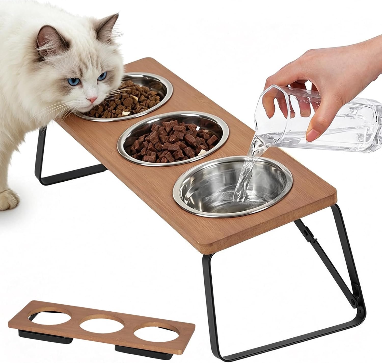 Set van 3 verhoogde kattenbakken, kattenvoerbak met 15° gekantelde houten standaard, ergonomisch voederstation voor katten met 3 roestvrijstalen kommen, roestvrijstalen kattenvoerbakset voor kleine