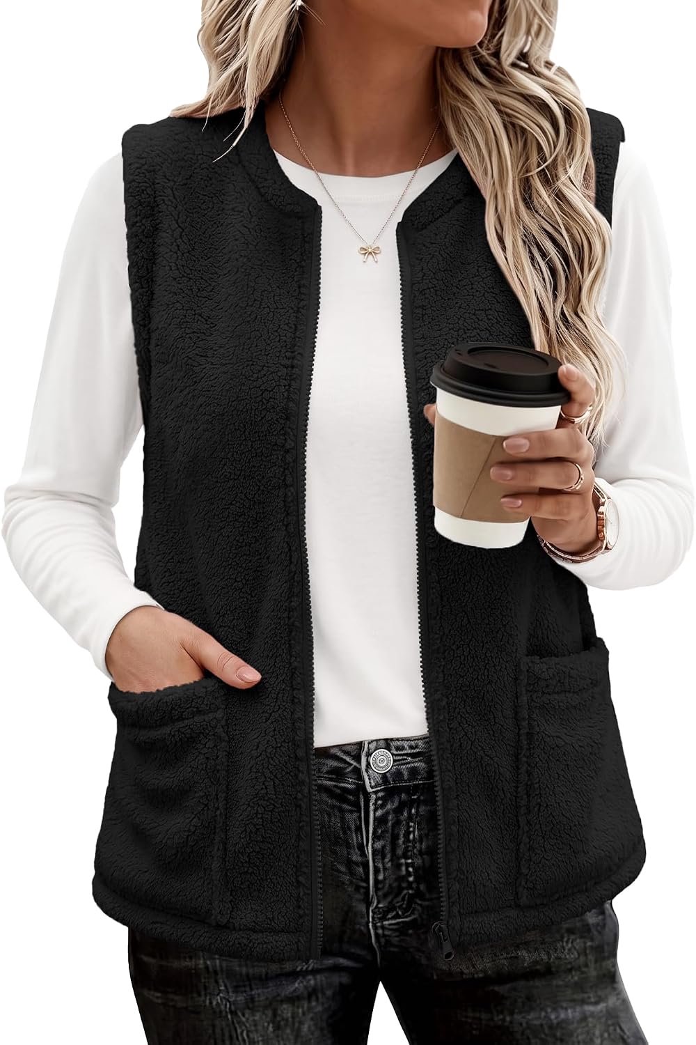 Fleece vest zonder mouwen met rits en zakken