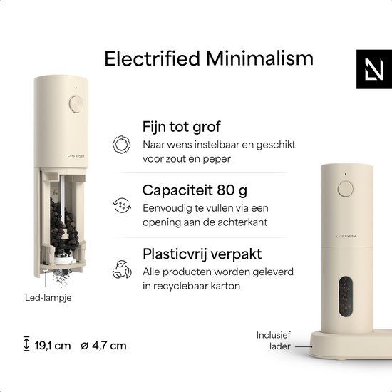 Beige elektrische molen toont intern maalmechanisme, ledverlichting en details over 80g capaciteit en afmetingen.
