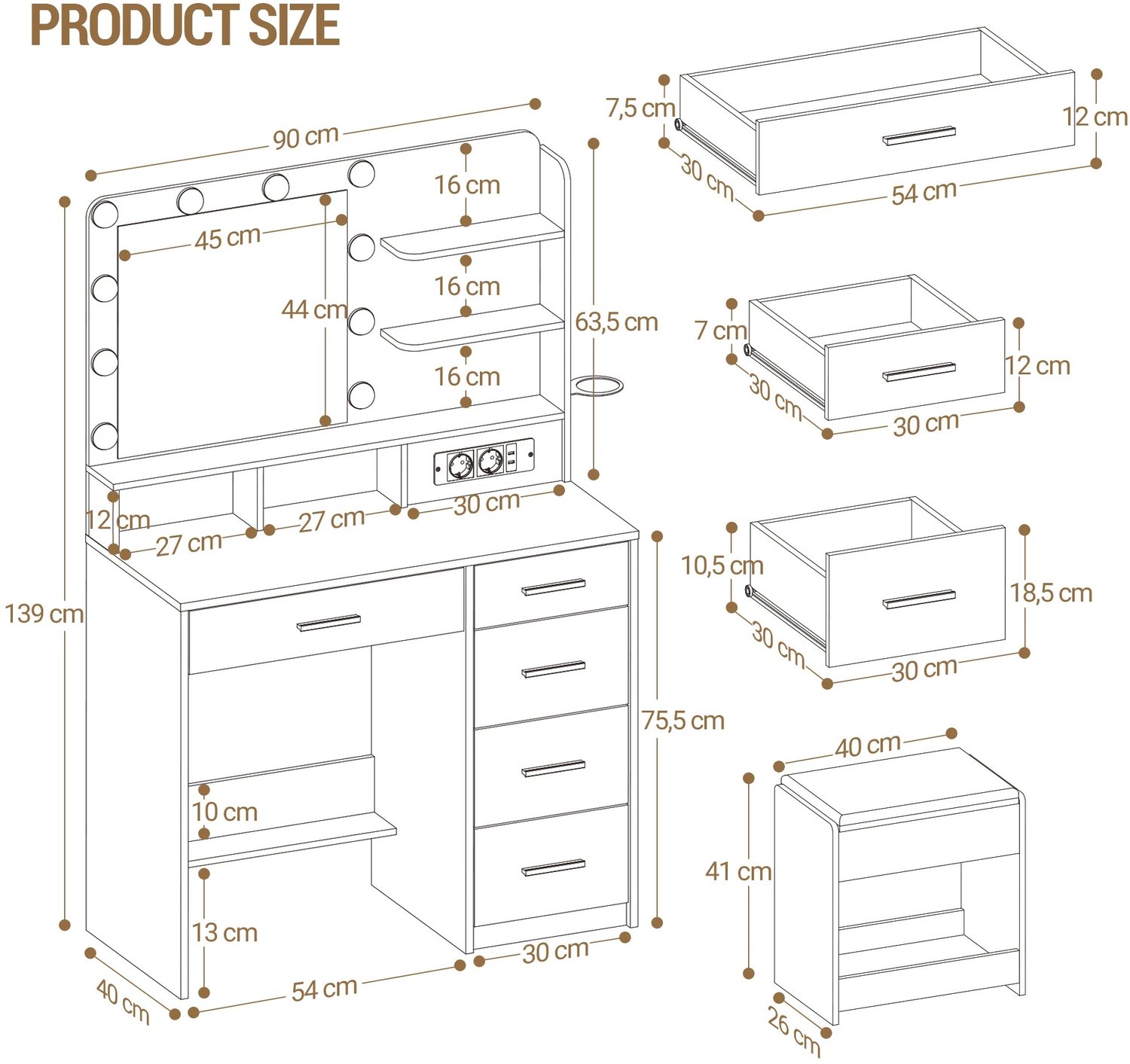 Atlasyx tafel - Make up - Kaptafel - Met spiegel en verlichting - Makeuptafel - Bureau - Inclusief krukje - 90 x 40 x 139 cm - Wit