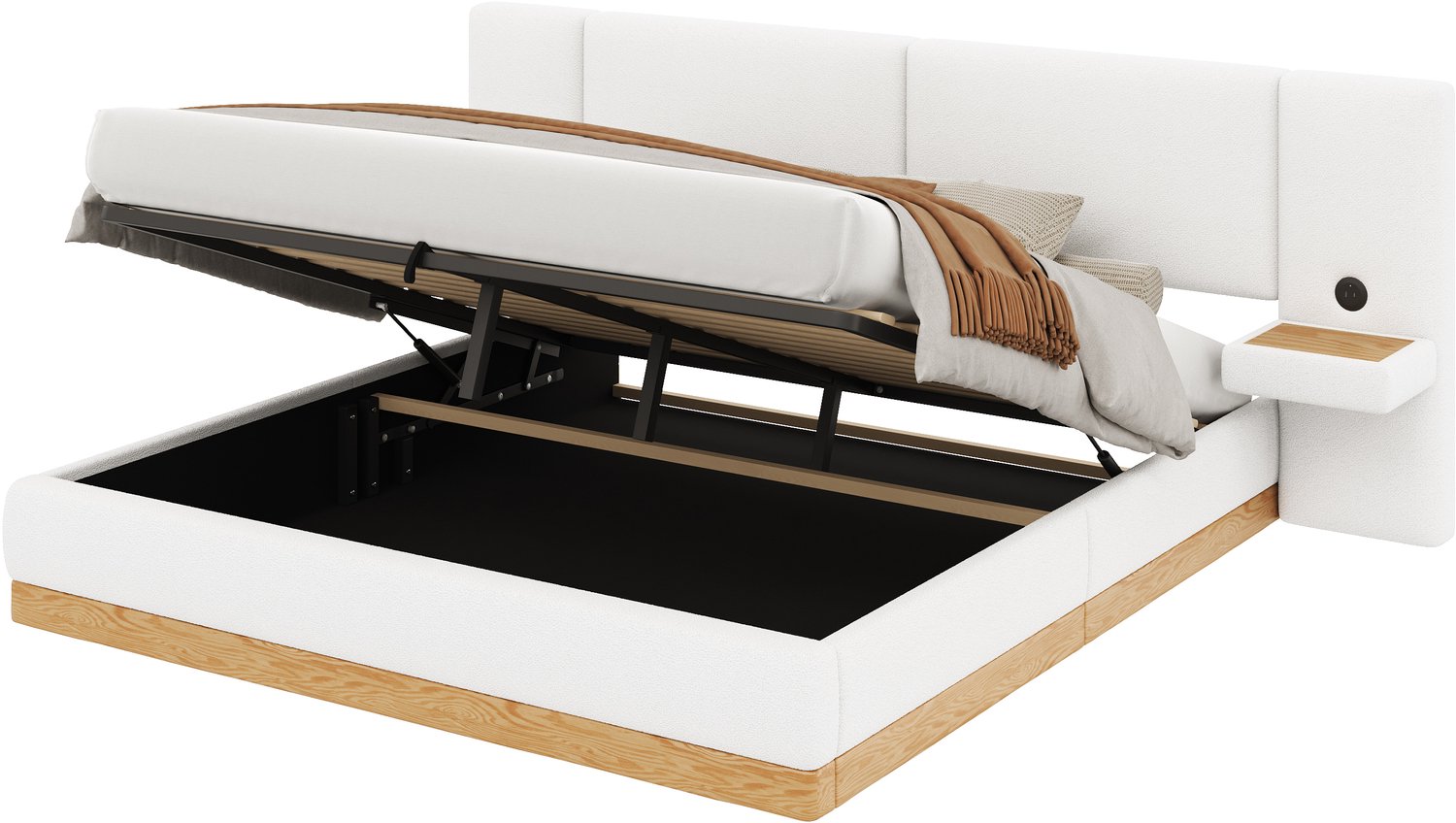 Merax Hydraulisch bed met opbergruimte 180x200 cm - met plank in hoofdbord - USB-poort - wit/hout