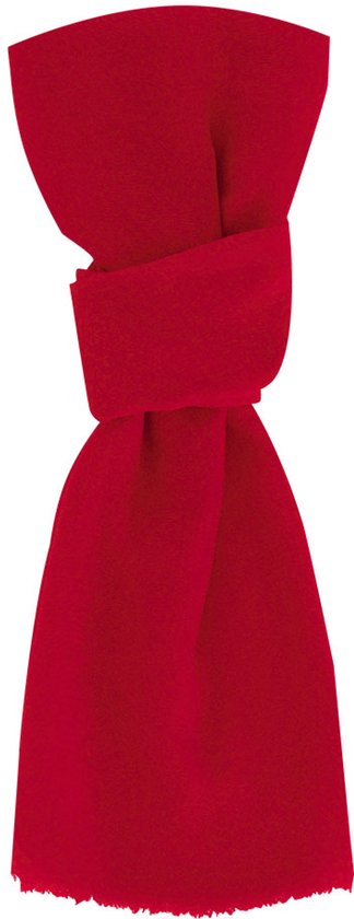 Écharpe rouge avec des franges aux extrémités, positionnée verticalement.