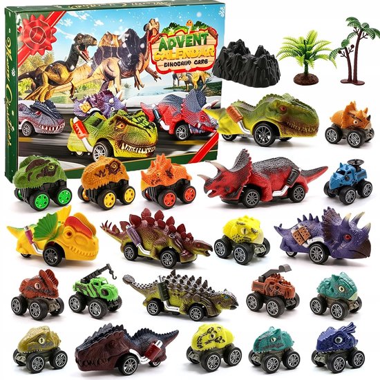 Overzicht van de Dinosaurus Adventskalender met 21 speelgoedauto's en 3 thema-accessoires.