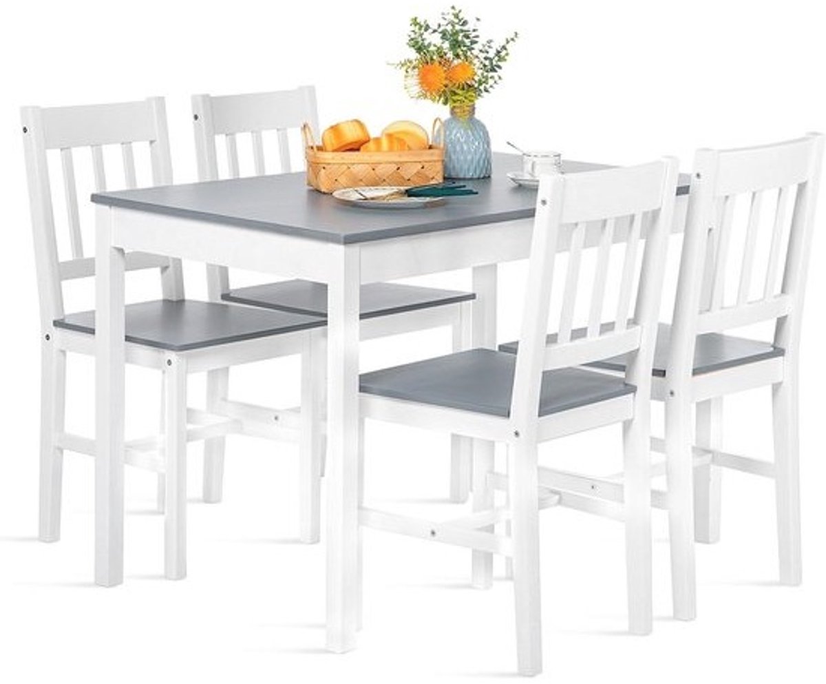 Eetgroep met eettafel en 4 stoelen - 5-delige eettafelset van grenenhout - Voor eetkamer, keuken en woonkamer, grijs en wit