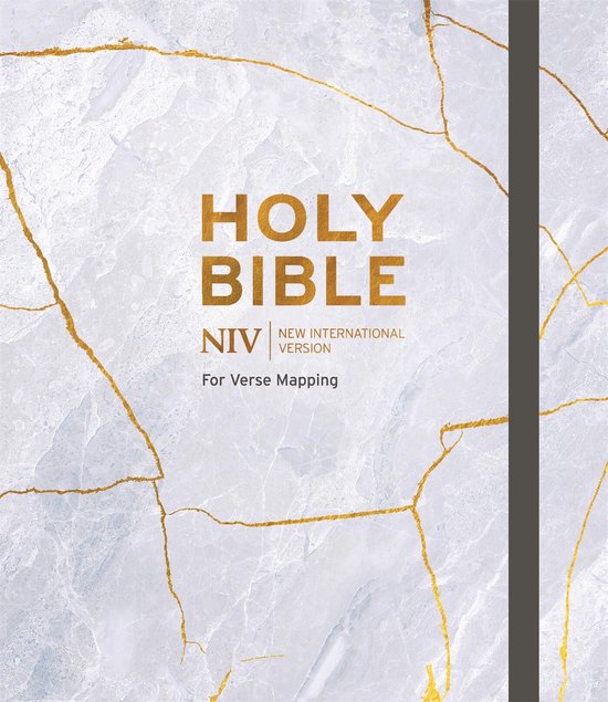 NIV Bijbel voor Journaling en Verse-Mapping, kaft met marmerpatroon en gouden lijnen.