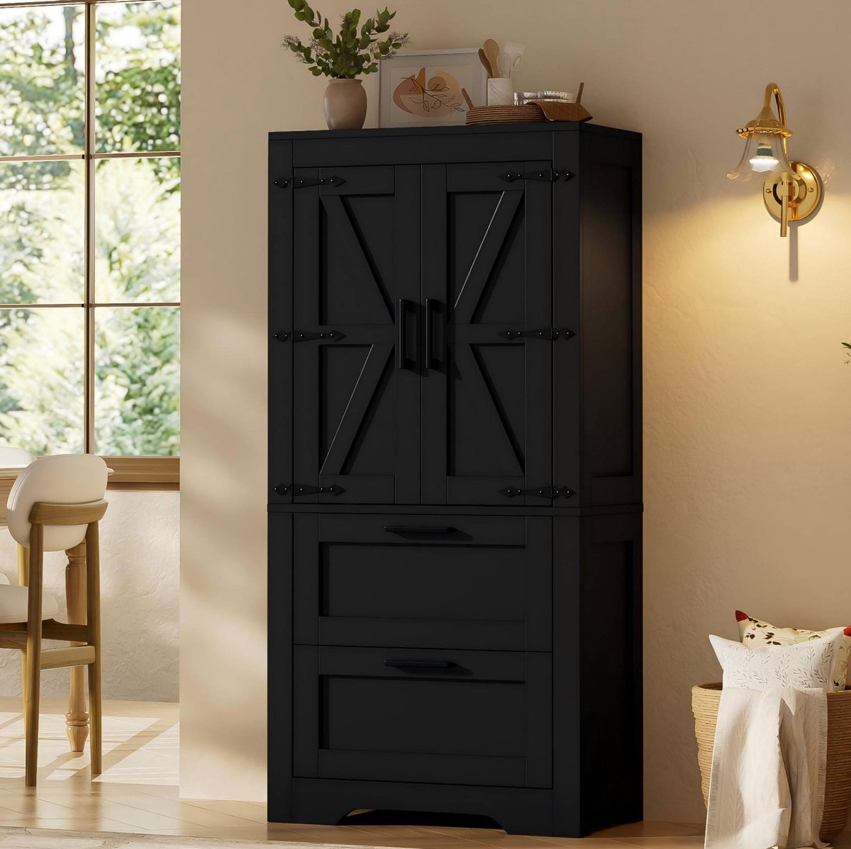 Keukenkast - Landhuisstijl Met 2 Lades En Verstelbare Legplanken - Voor Keuken, Eetkamer En Woonkamer - MDF - 60x30x128 Cm - Zwart