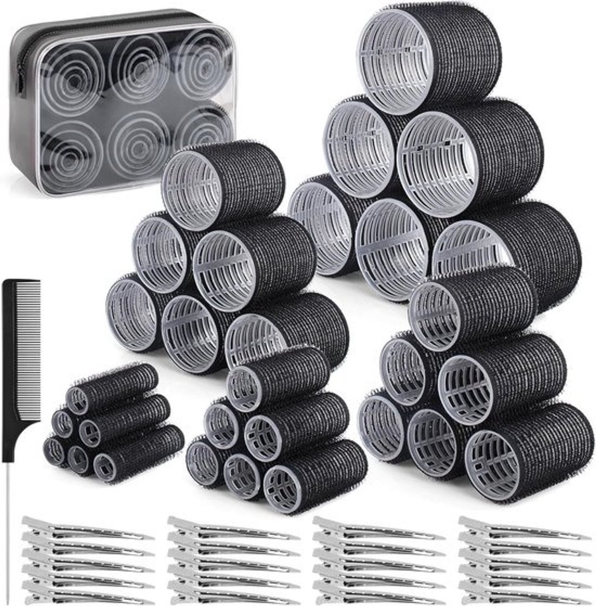 Set krulspelden met 60 stuks in 5 maten - Voor verschillende haarlengtes - Met roestvrijstalen clips - Haarrollers voor lang, middellang en kort haar