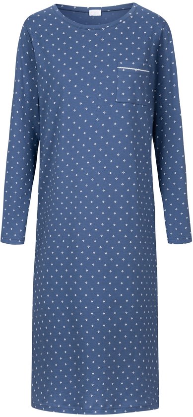 Blauw nachthemd met lange mouwen, witte ruitjesprint en borstzakje, getoond op wit achtergrond.