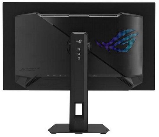 Zwarte monitorstandaard met ROG logo op de achterkant.
