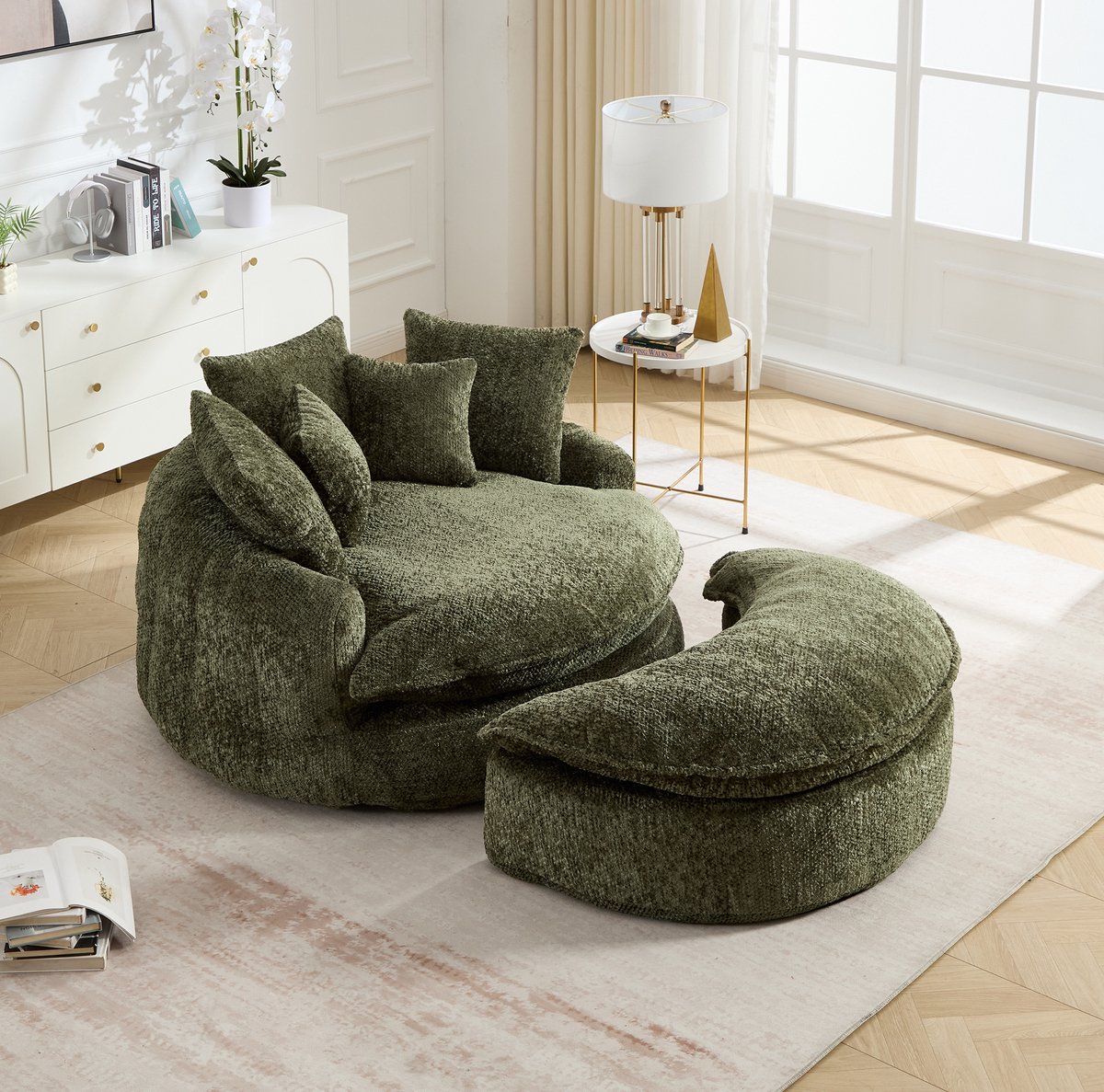 MIVRAY Fauteuil 190,5 x 138 x 63 cm - Handmatig Verstelbare Loungefauteuil Met Poef - Woonkamer En Lounge - Polyester Olijfgroen
