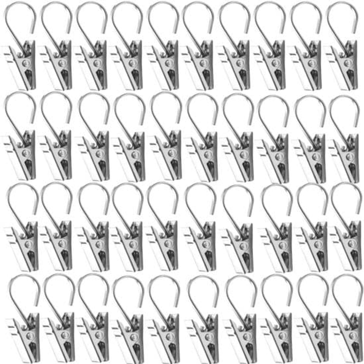 Verpakking van 100 stuks 3,4 cm zilverkleurige roestvrijstalen gordijnclips met haken.