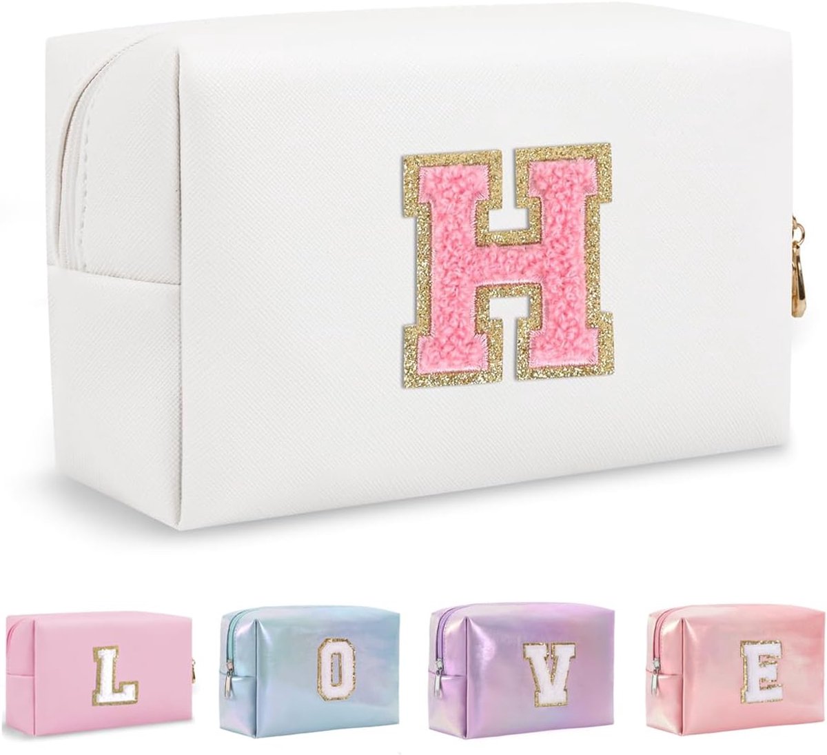 Make-uptas Set Organizer Katoenen Letter Cosmetica Etui Grote Capaciteit Reis Toilettas Dames Meisjes Verjaardagscadeaus Draagbare Borstel Opbergtas met Verdeler en Handvat, Wit-1, H