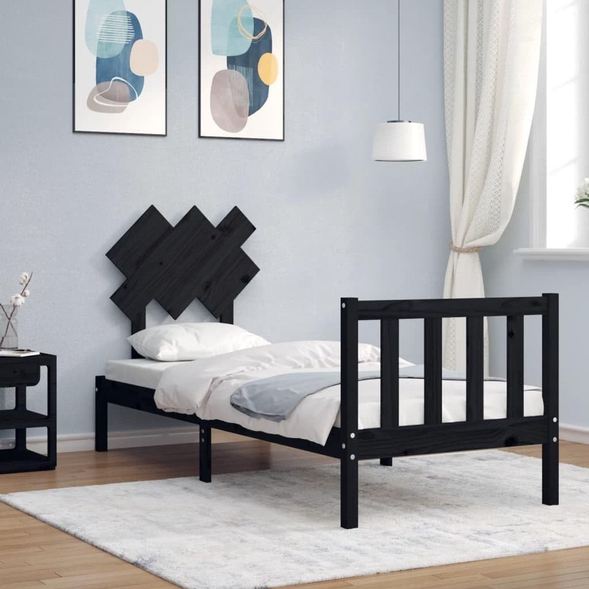 Tweepersoonsbed, massief houten bed met hoofdeinde, zwart, 2FT6 Small Single geschikt voor familiekamers