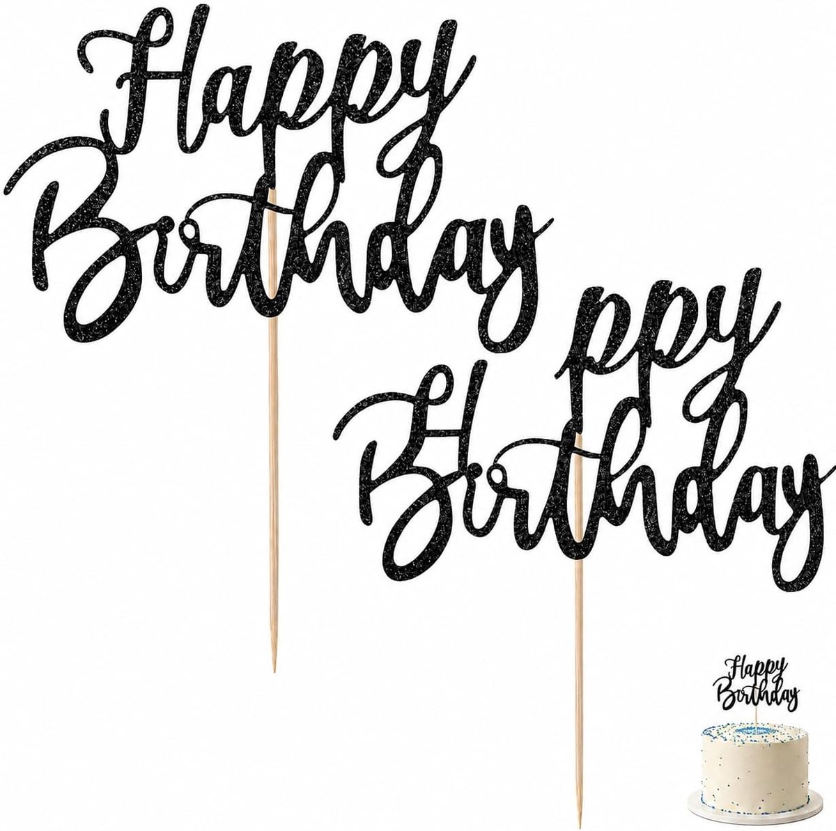 Set van 2 taarttoppers Happy Birthday zwart, verjaardagstaartspikes ca. 17 × 11 cm van hout en papier voor feest en desserttafel