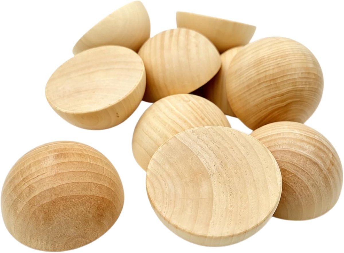 Onafgewerkte halve houten kralen - ronde gespleten houten knutselballen voor doe-het-zelf kunst, sieraden maken, huisdecoratie, schilderen en knutselprojecten (75 mm)