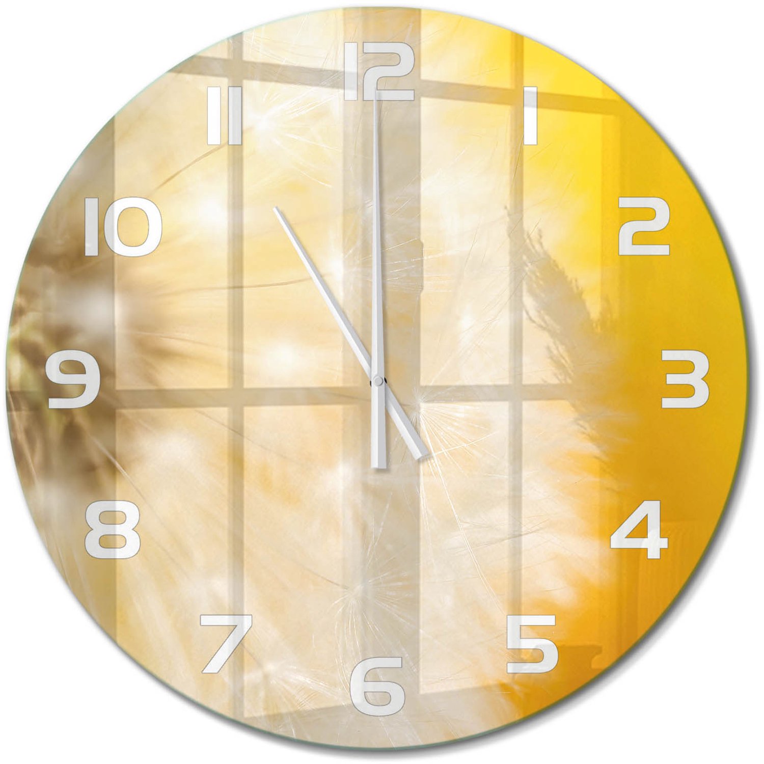 TULUP Wandklok - Paardebloem Glazen Klok Met Print - fi60 cm - Geel Wandklok Glas Met Motief - Witte handen - Ronde Klok - Wandklok Glas Decoratie - Gekleurde Glazen Klok