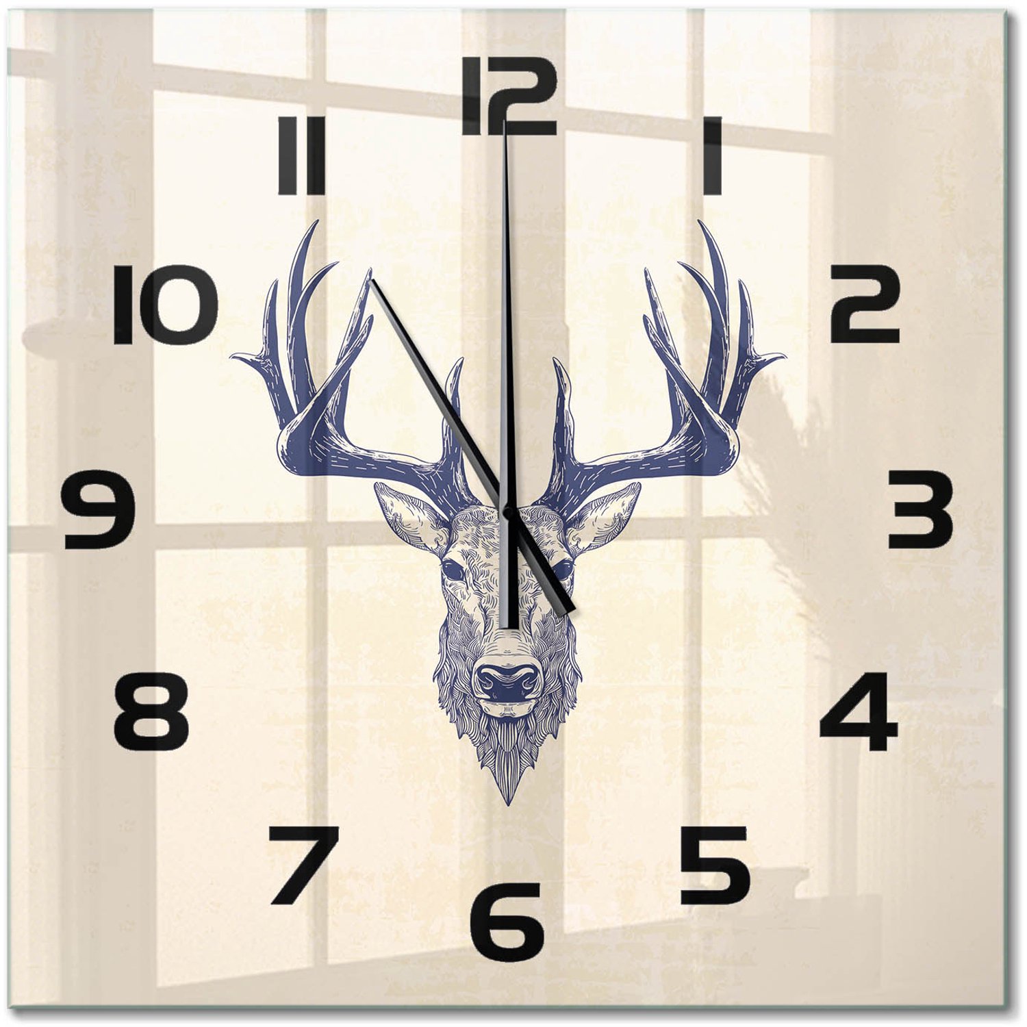 TULUP Wandklok - Hert Hert Moderne Wandklok Glas - 60x60 cm - Beige Wandklok Glas Decoratie - Zwarte handen - Vierkante Klok - Glazen Wandklok Design - Klok Glas Met Opdruk