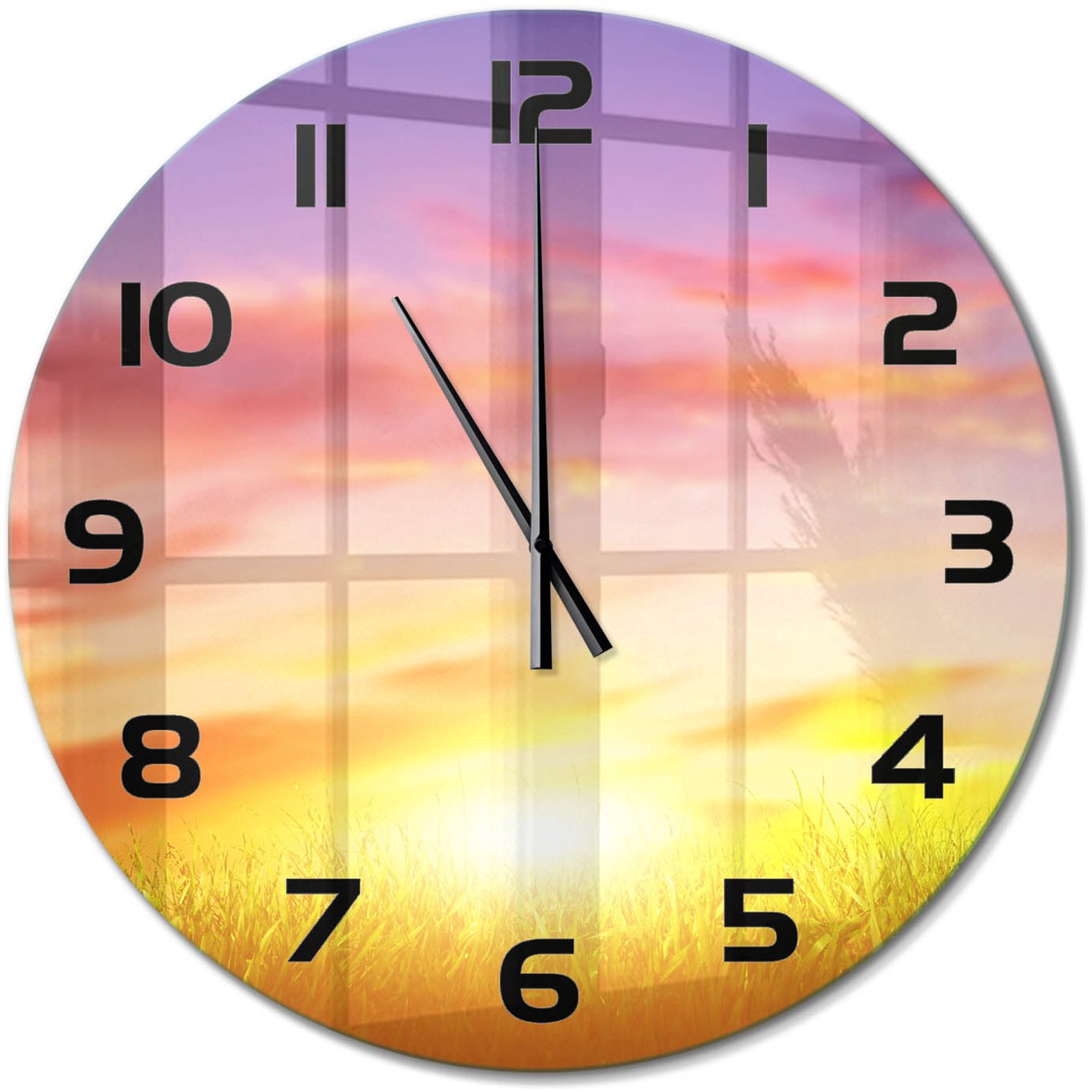 TULUP Wandklok - Zonsondergang Glazen Klok Met Print - fi60 cm - Veelkleurig Wandklok Glas Met Motief - Zwarte handen - Ronde Klok - Wandklok Glas Decoratie - Gekleurde Glazen Klok