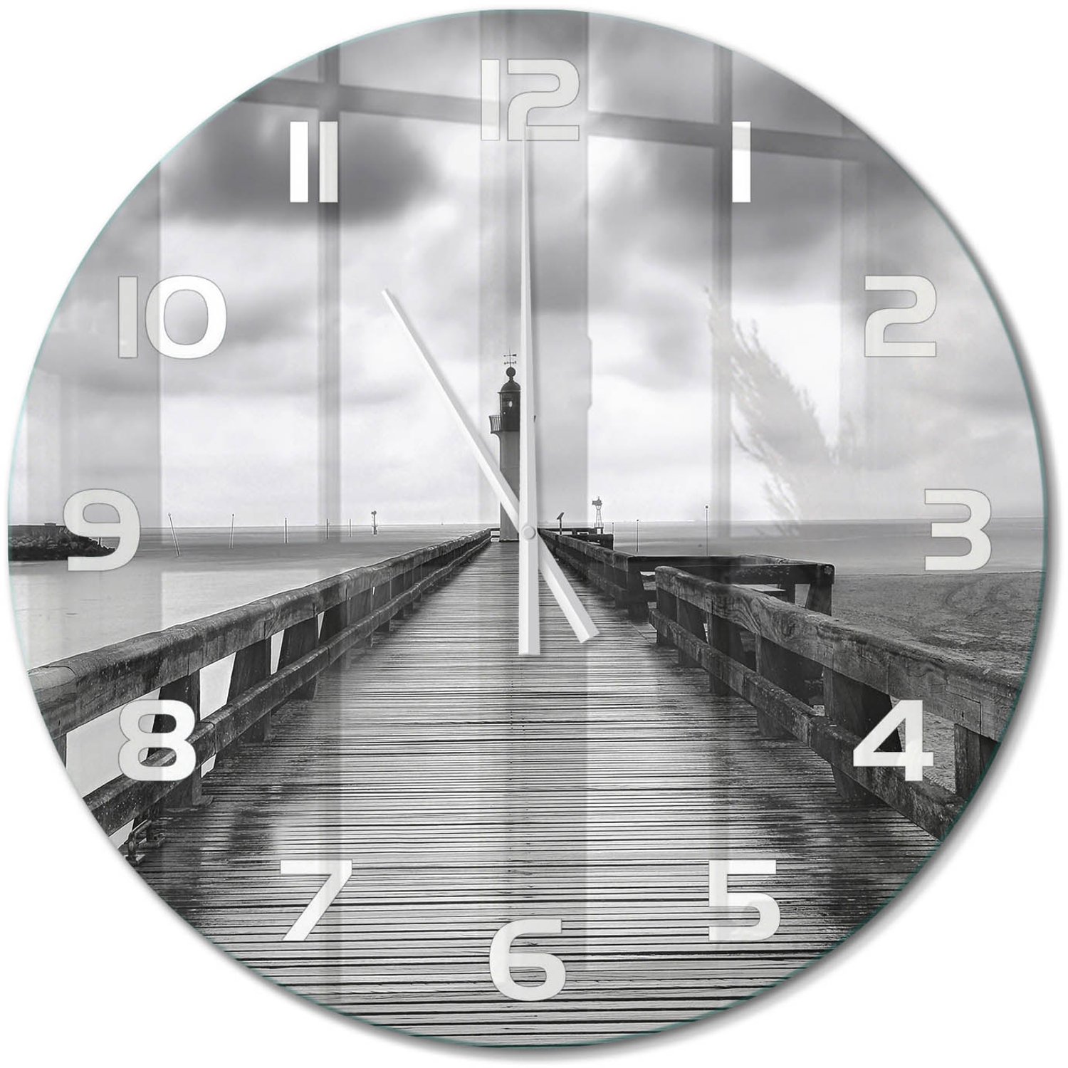 TULUP Wandklok - Vuurtoren Klok Glas Met Opdruk - fi60 cm - Zwart-wit Moderne Wandklok Glas - Witte handen - Ronde Klok - Decoratieve Glazen Klok - Glazen Wandklok Design