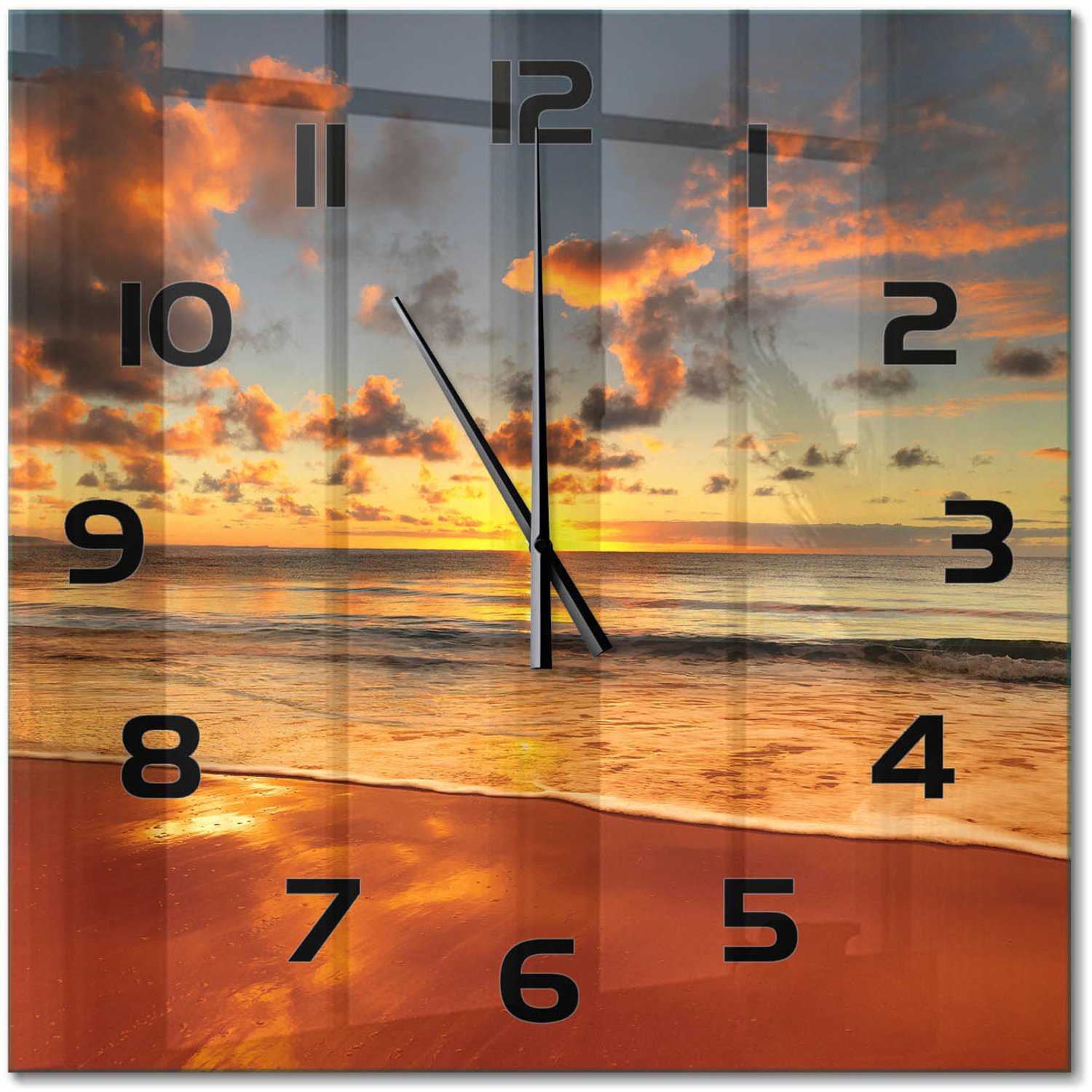 TULUP Wandklok - Australisch strand Glazen Klok Met Print - 60x60 cm - Oranje Wandklok Glas Met Motief - Zwarte handen - Vierkante Klok - Wandklok Glas Decoratie - Gekleurde Glazen Klok