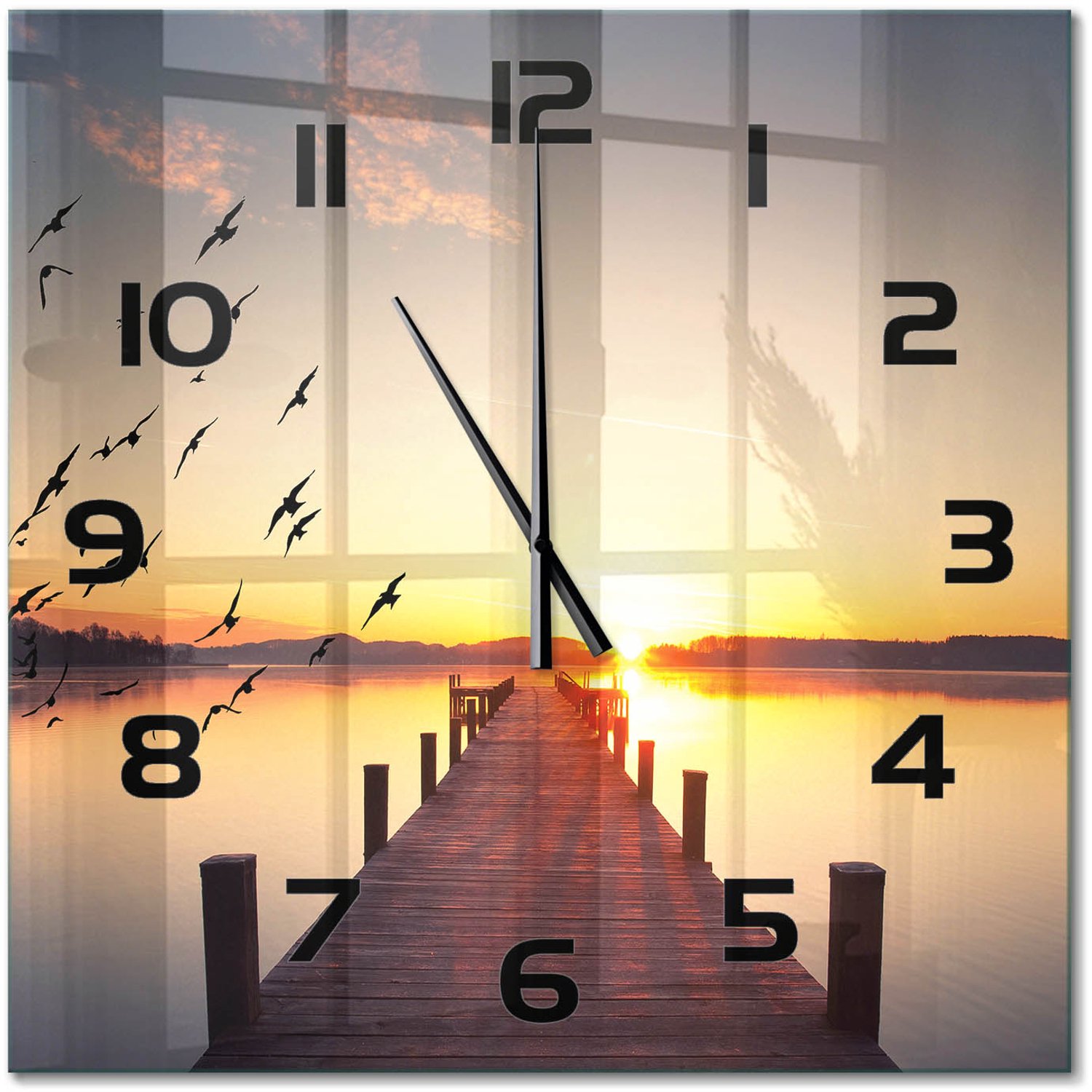 TULUP Wandklok - Zonsondergang Wandklok Glas Decoratie - 60x60 cm - Geel Gekleurde Glazen Klok - Zwarte handen - Vierkante Klok - Klok Glas Met Opdruk - Moderne Wandklok Glas