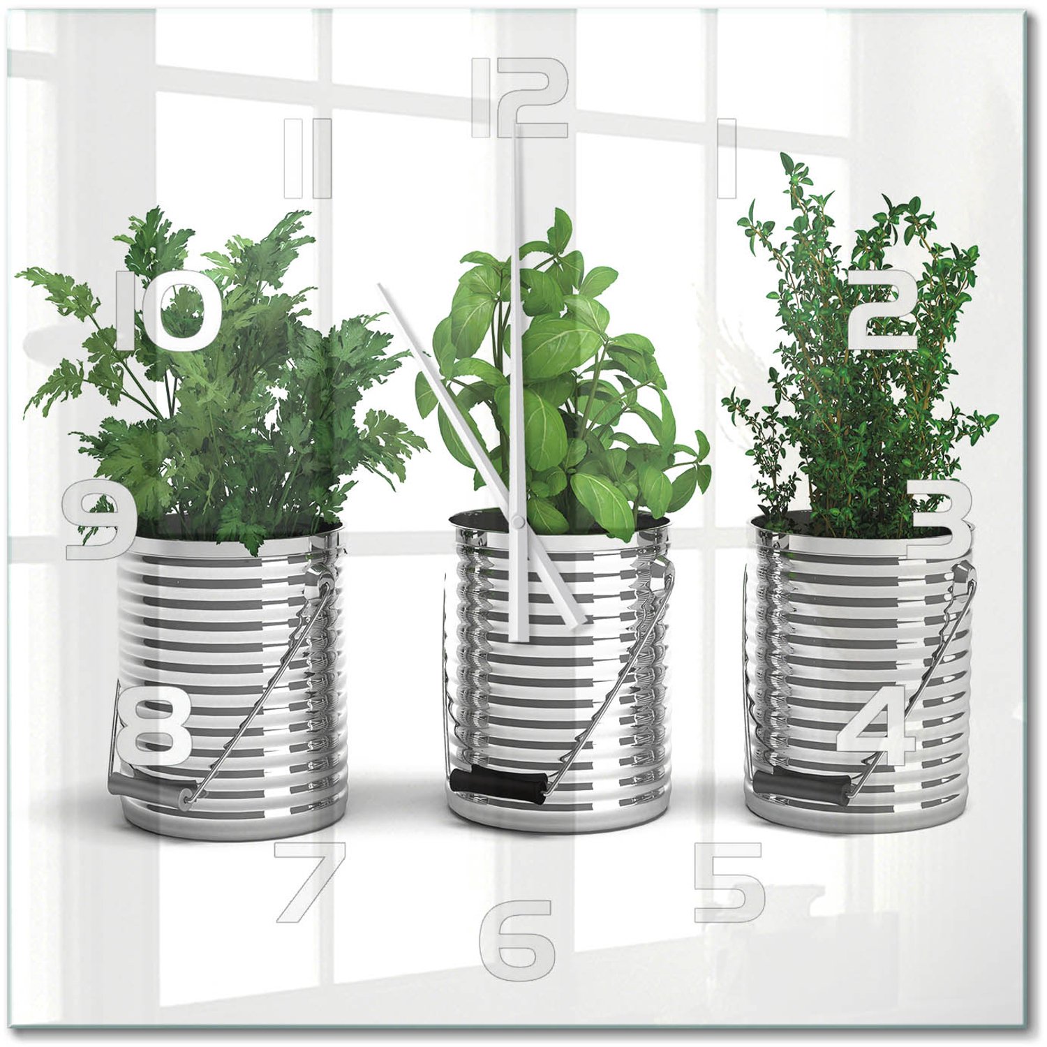TULUP Wandklok - Aromatische planten Glazen Wandklok Design - 60x60 cm - Groente Klok Glas Met Opdruk - Witte handen - Vierkante Klok - Wandklok Glas Met Motief - Decoratieve Glazen Klok