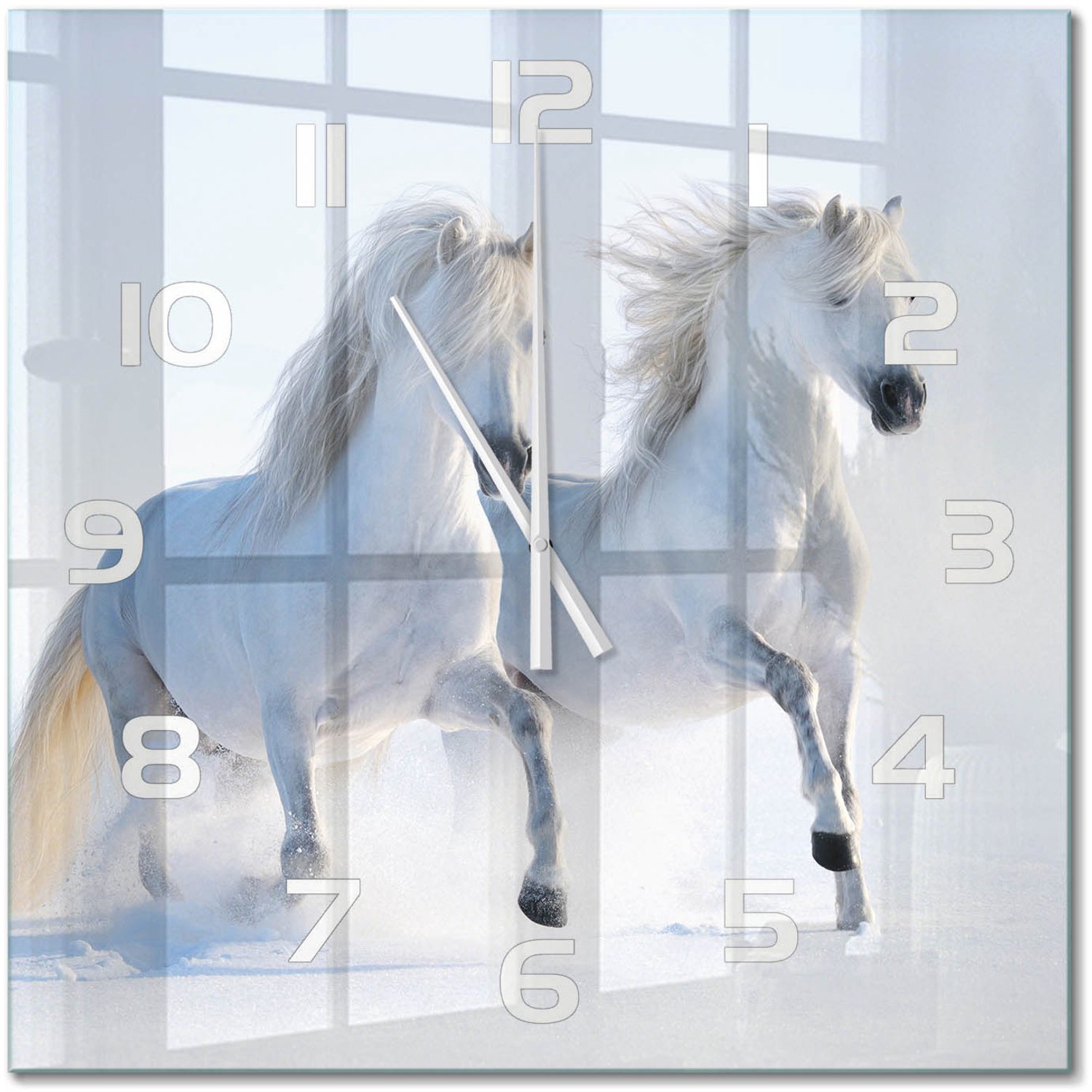 TULUP Wandklok - Twee paarden in de sneeuw Glazen Wandklok Design - 60x60 cm - Wit Klok Glas Met Opdruk - Witte handen - Vierkante Klok - Wandklok Glas Met Motief - Decoratieve Glazen Klok