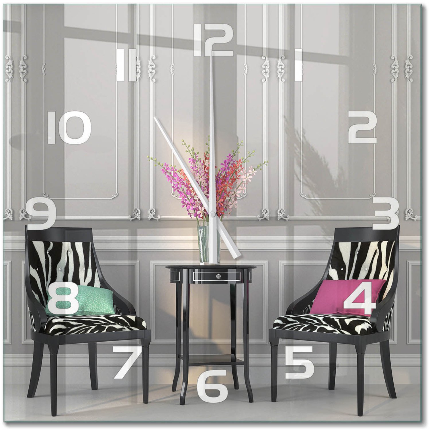 TULUP Wandklok - Twee stoelen Gekleurde Glazen Klok - 60x60 cm - Veelkleurig Glazen Klok Met Print - Witte handen - Vierkante Klok - Moderne Wandklok Glas - Wandklok Glas Decoratie