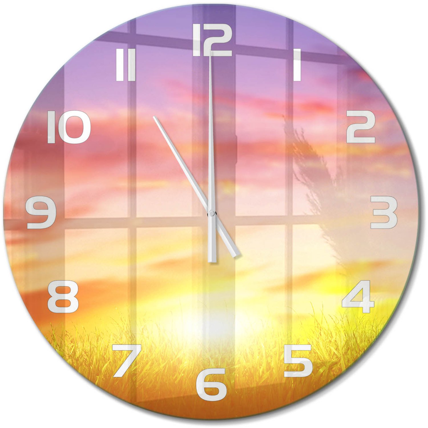 TULUP Wandklok - Zonsondergang Moderne Wandklok Glas - fi60 cm - Veelkleurig Wandklok Glas Decoratie - Witte handen - Ronde Klok - Glazen Wandklok Design - Klok Glas Met Opdruk