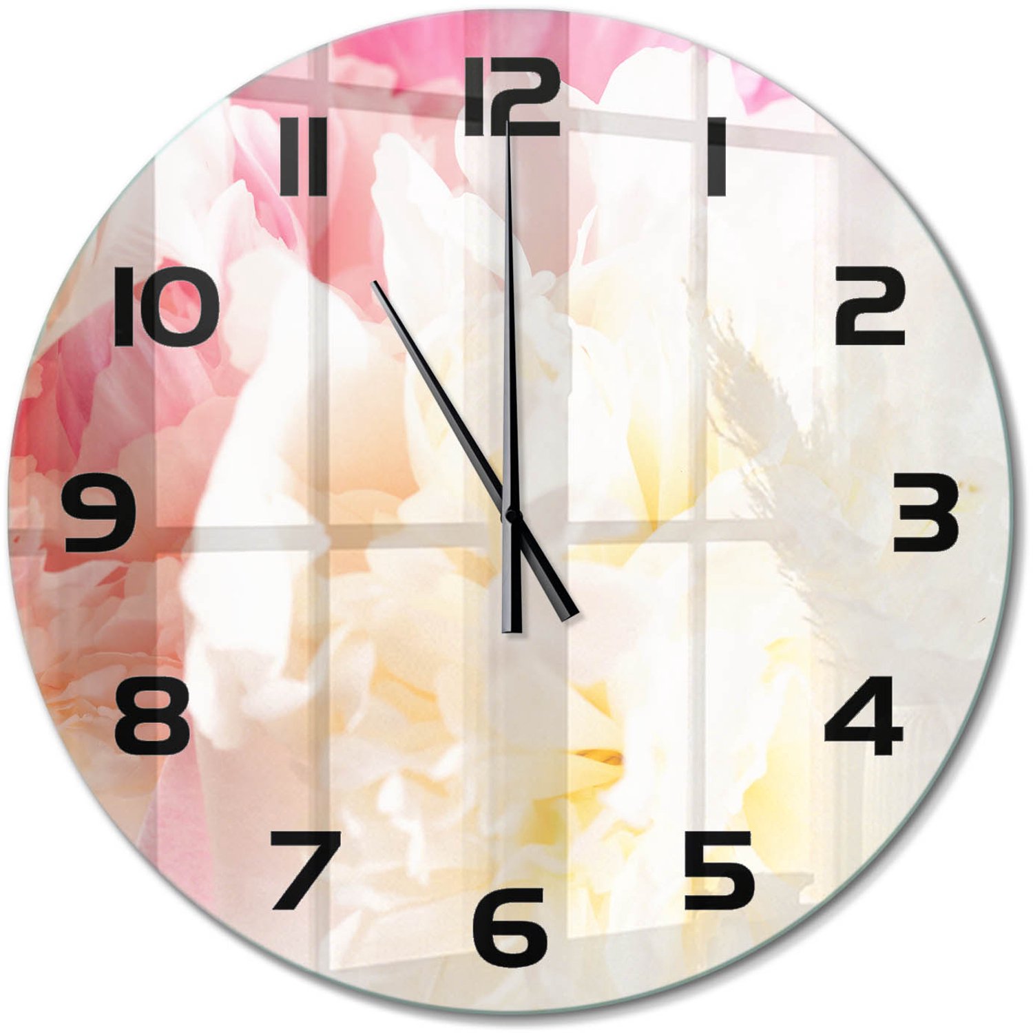 TULUP Wandklok - Pioen Gekleurde Glazen Klok - fi60 cm - Roze Glazen Klok Met Print - Zwarte handen - Ronde Klok - Moderne Wandklok Glas - Wandklok Glas Decoratie