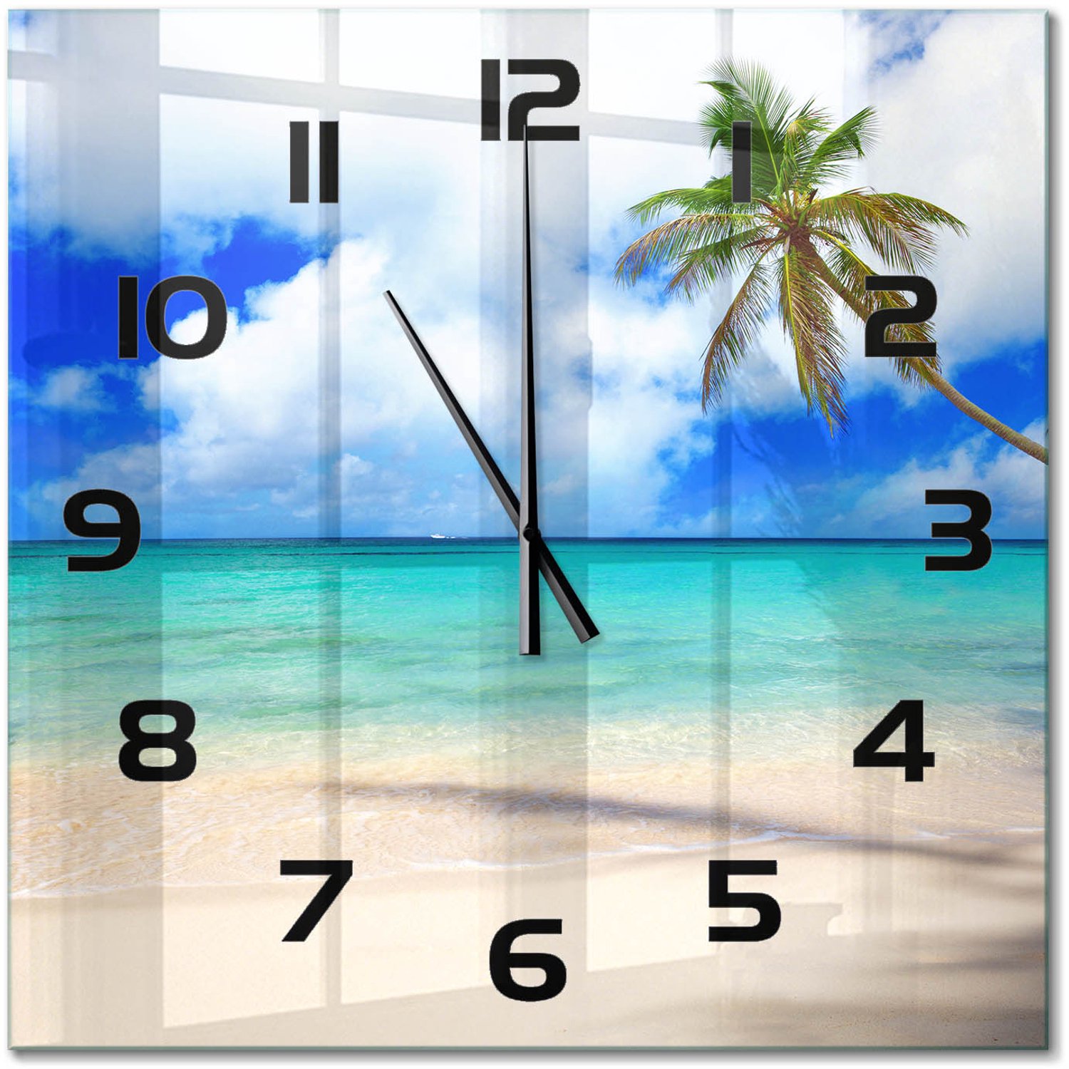 TULUP Wandklok - Caribisch strand Glazen Klok Met Print - 60x60 cm - Blauw Wandklok Glas Met Motief - Zwarte handen - Vierkante Klok - Wandklok Glas Decoratie - Gekleurde Glazen Klok