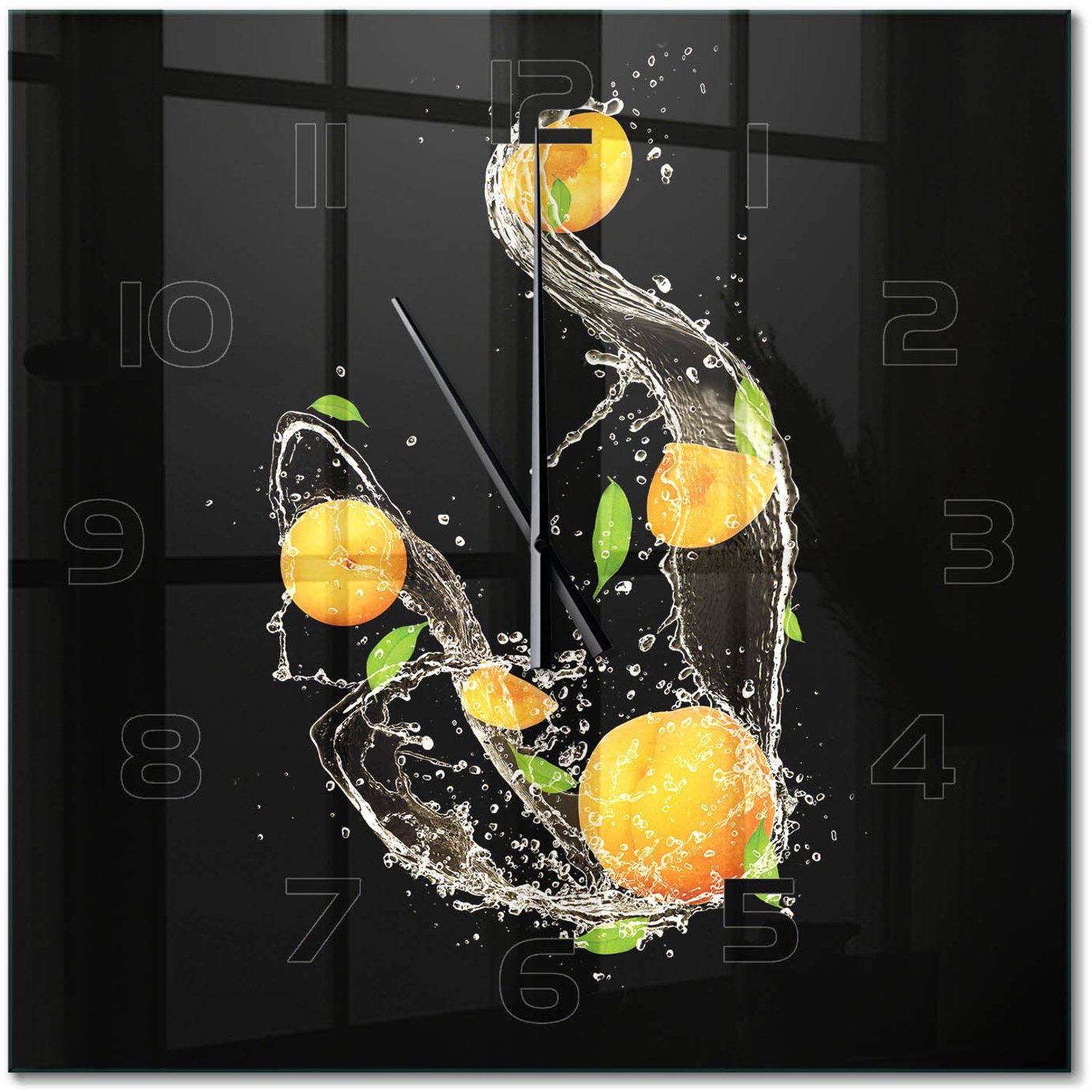 TULUP Wandklok - Abrikozen en water Decoratieve Glazen Klok - 60x60 cm - Oranje Glazen Wandklok Design - Zwarte handen - Vierkante Klok - Glazen Klok Met Print - Wandklok Glas Met Motief
