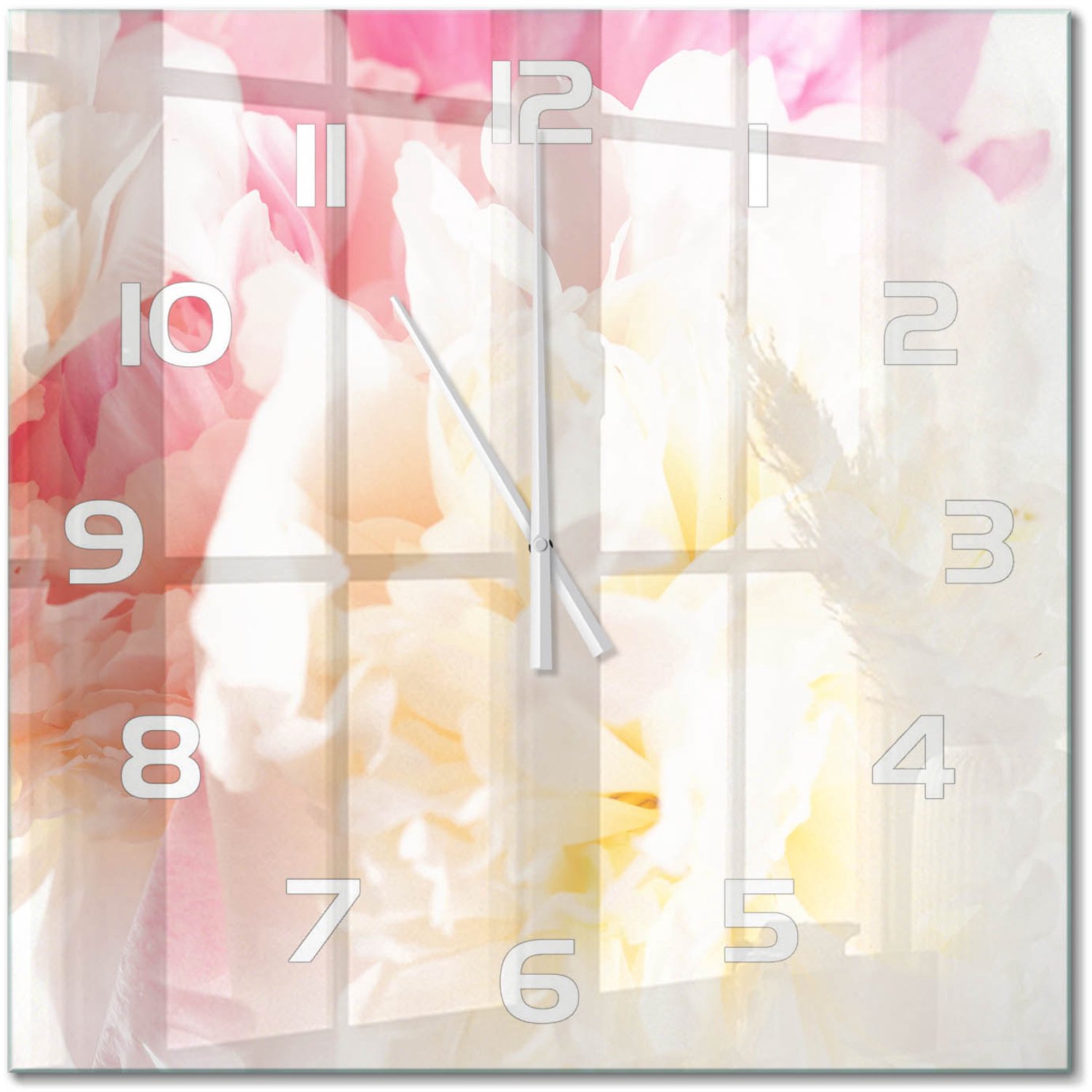 TULUP Wandklok - Pioen Glazen Klok Met Print - 60x60 cm - Roze Wandklok Glas Met Motief - Witte handen - Vierkante Klok - Wandklok Glas Decoratie - Gekleurde Glazen Klok