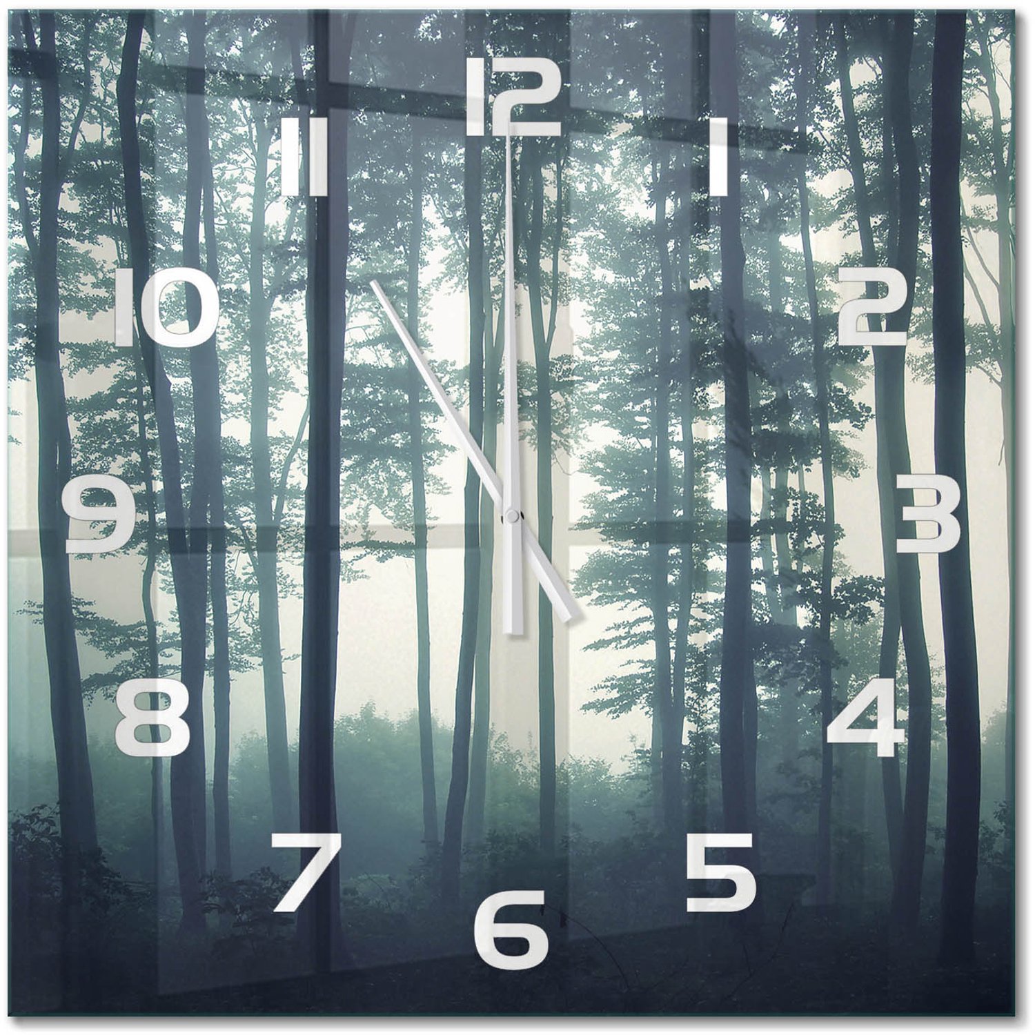 TULUP Wandklok - Mist in het bos Glazen Wandklok Design - 60x60 cm - Zwart Klok Glas Met Opdruk - Witte handen - Vierkante Klok - Wandklok Glas Met Motief - Decoratieve Glazen Klok