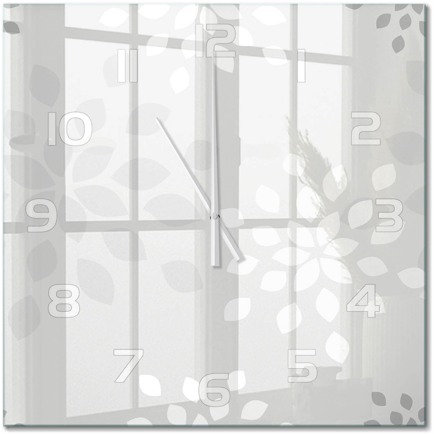 TULUP Wandklok - Bloemenpatroon Glazen Wandklok Design - 60x60 cm - Grijs Klok Glas Met Opdruk - Witte handen - Vierkante Klok - Wandklok Glas Met Motief - Decoratieve Glazen Klok