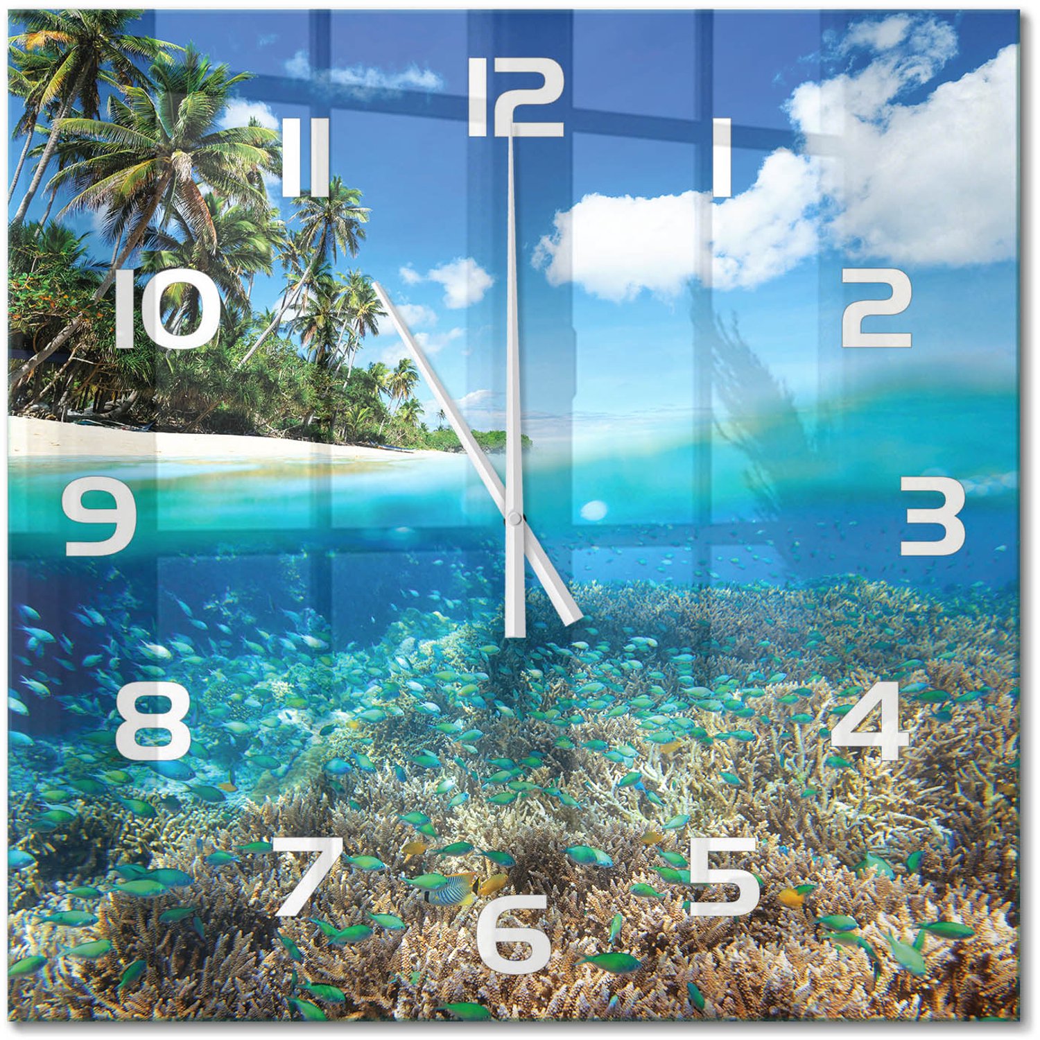 TULUP Wandklok - Koraalrif Glazen Klok Met Print - 60x60 cm - Blauw Wandklok Glas Met Motief - Witte handen - Vierkante Klok - Wandklok Glas Decoratie - Gekleurde Glazen Klok