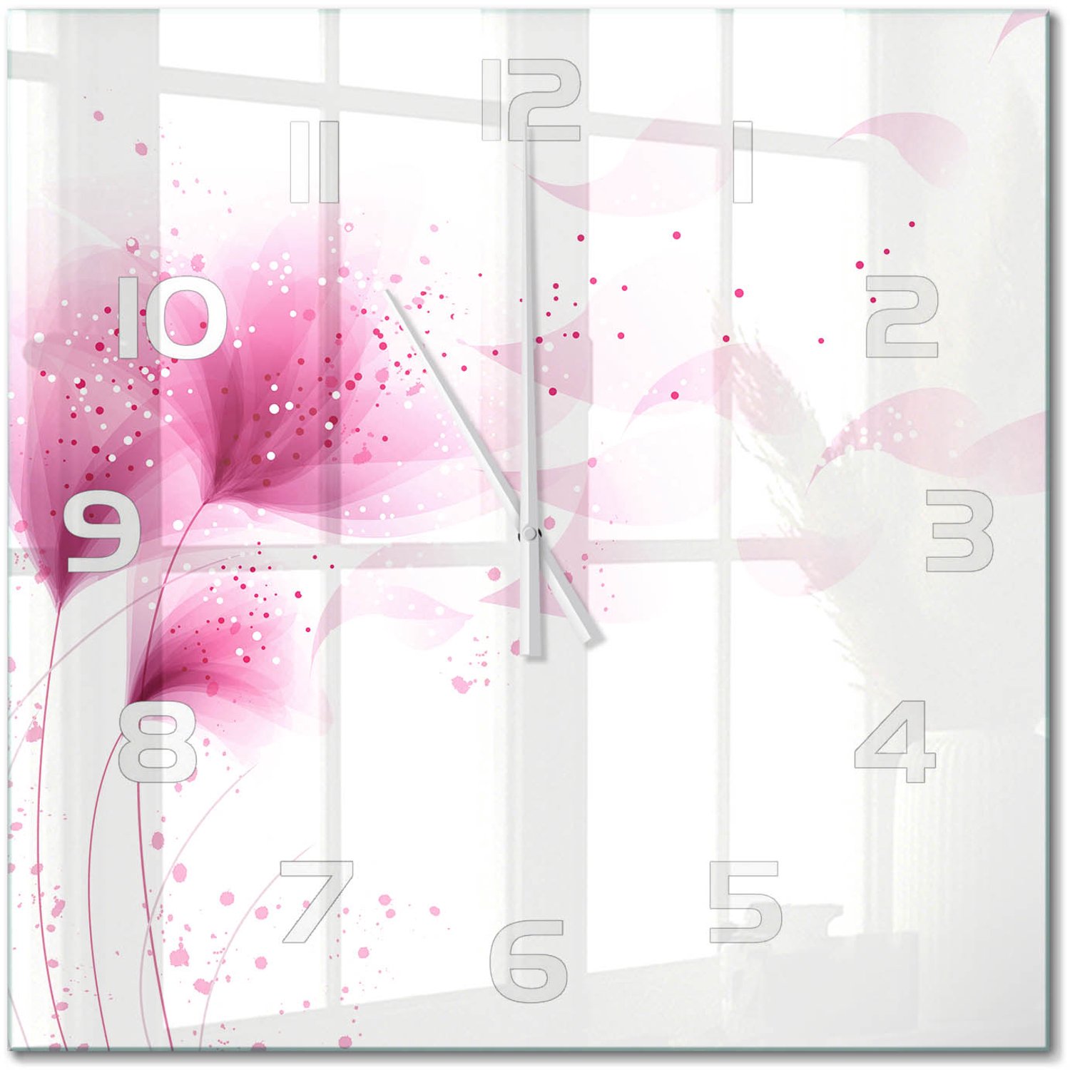 TULUP Wandklok - Roze bloem Wandklok Glas Decoratie - 60x60 cm - Roze Gekleurde Glazen Klok - Witte handen - Vierkante Klok - Klok Glas Met Opdruk - Moderne Wandklok Glas