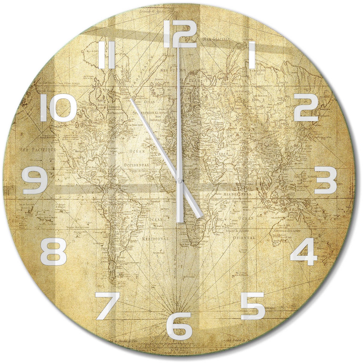 TULUP Wandklok - Oude wereldkaart Klok Glas Met Opdruk - fi60 cm - Beige Moderne Wandklok Glas - Witte handen - Ronde Klok - Decoratieve Glazen Klok - Glazen Wandklok Design
