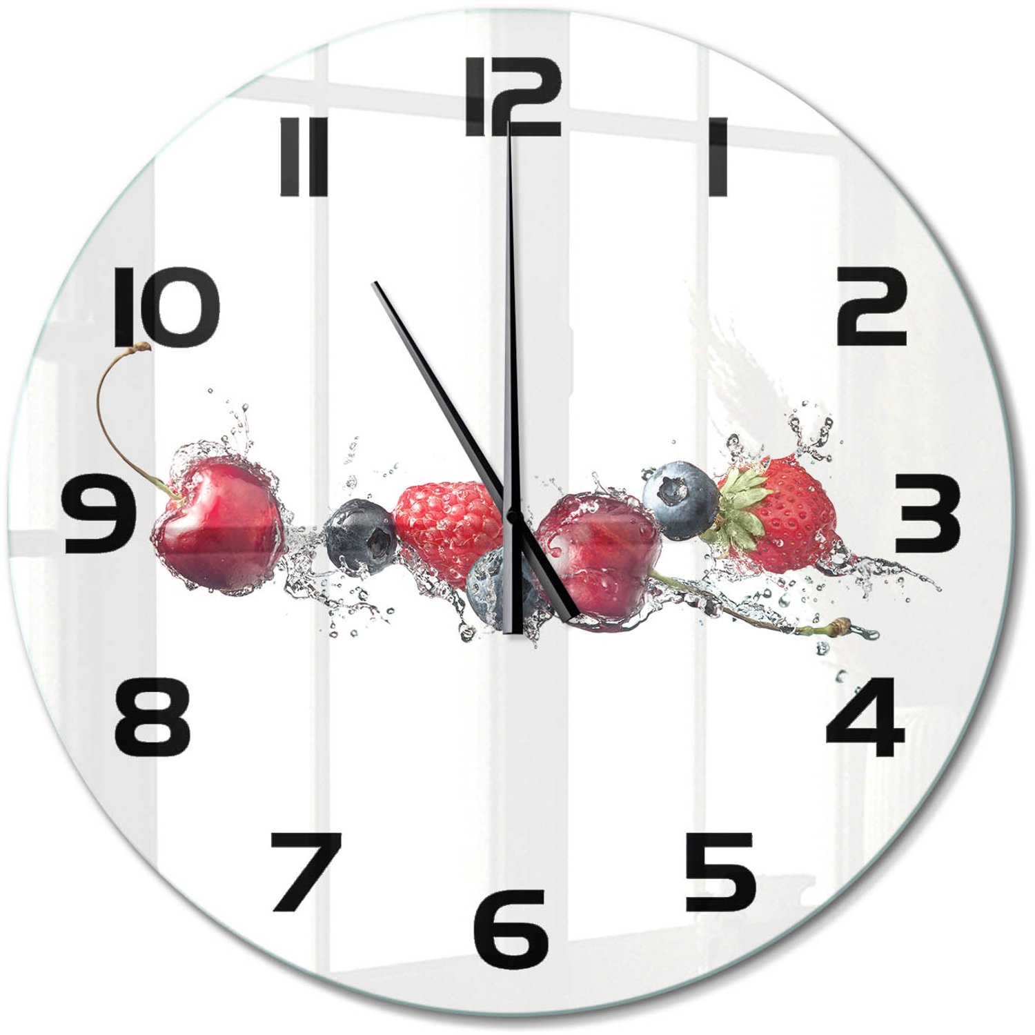 TULUP Wandklok - Bosvruchten Wandklok Glas Decoratie - fi60 cm - Rood Gekleurde Glazen Klok - Zwarte handen - Ronde Klok - Klok Glas Met Opdruk - Moderne Wandklok Glas