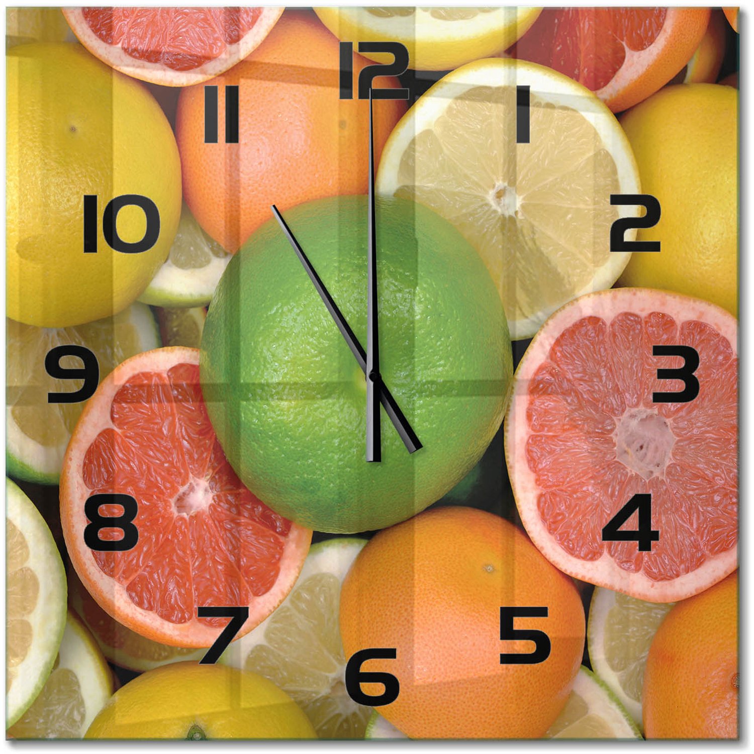 TULUP Wandklok - Citrusvruchten Glazen Wandklok Design - 60x60 cm - Veelkleurig Klok Glas Met Opdruk - Zwarte handen - Vierkante Klok - Wandklok Glas Met Motief - Decoratieve Glazen Klok