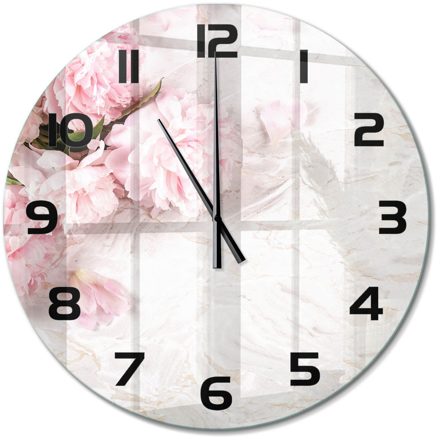 TULUP Wandklok - Pioenrozen Moderne Wandklok Glas - fi60 cm - Roze Wandklok Glas Decoratie - Zwarte handen - Ronde Klok - Glazen Wandklok Design - Klok Glas Met Opdruk