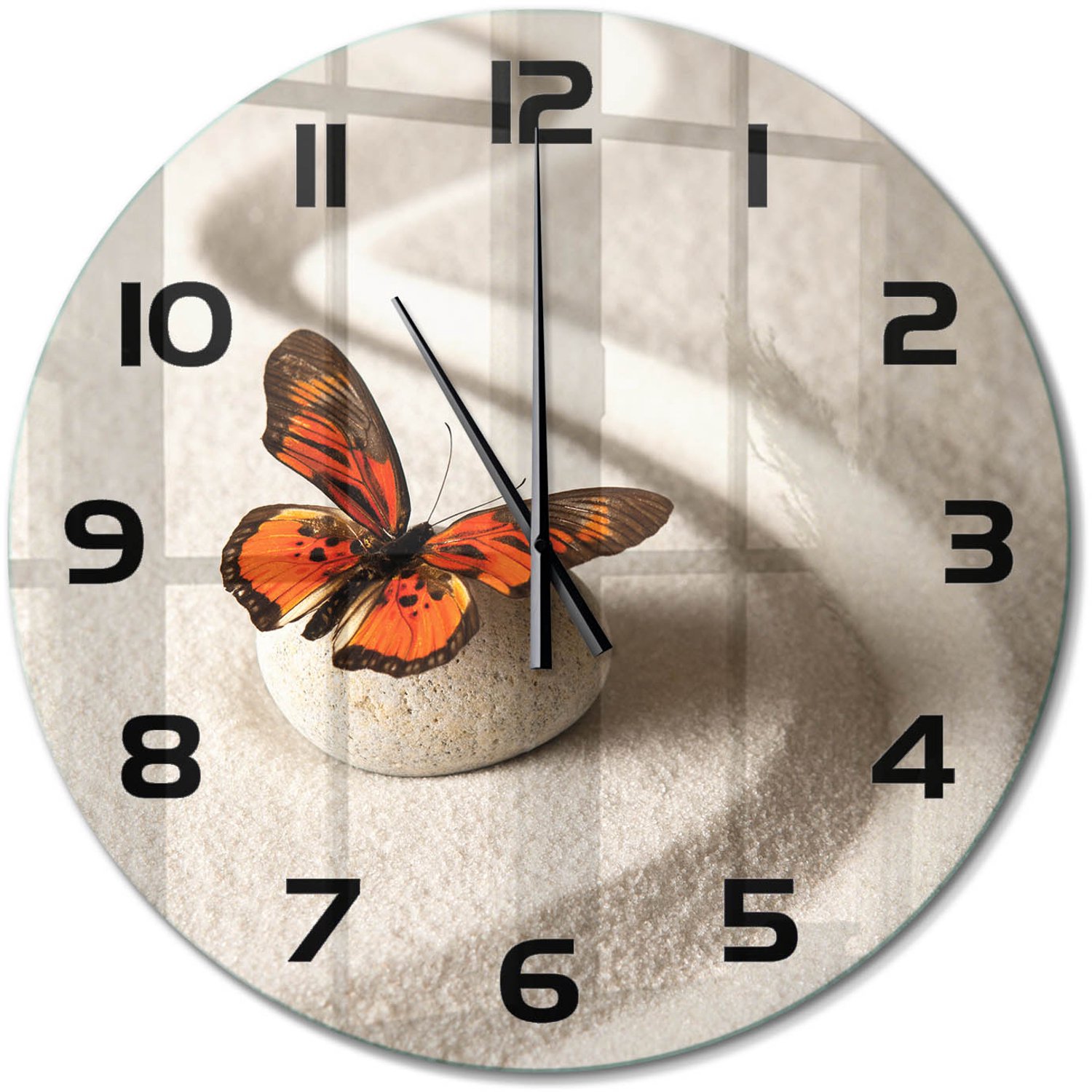 TULUP Wandklok - Zensteen en vlinder Glazen Klok Met Print - fi60 cm - Oranje Wandklok Glas Met Motief - Zwarte handen - Ronde Klok - Wandklok Glas Decoratie - Gekleurde Glazen Klok