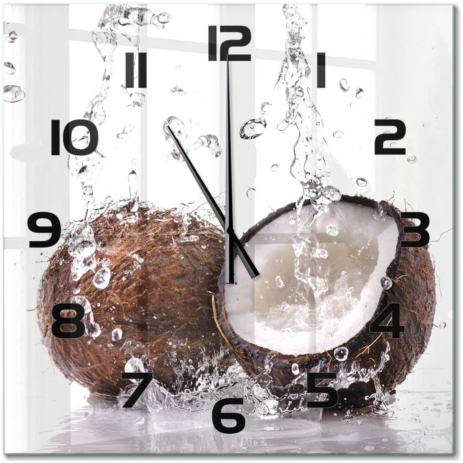 TULUP Wandklok - Kokosnoot en water Decoratieve Glazen Klok - 60x60 cm - Bruin Glazen Wandklok Design - Zwarte handen - Vierkante Klok - Glazen Klok Met Print - Wandklok Glas Met Motief