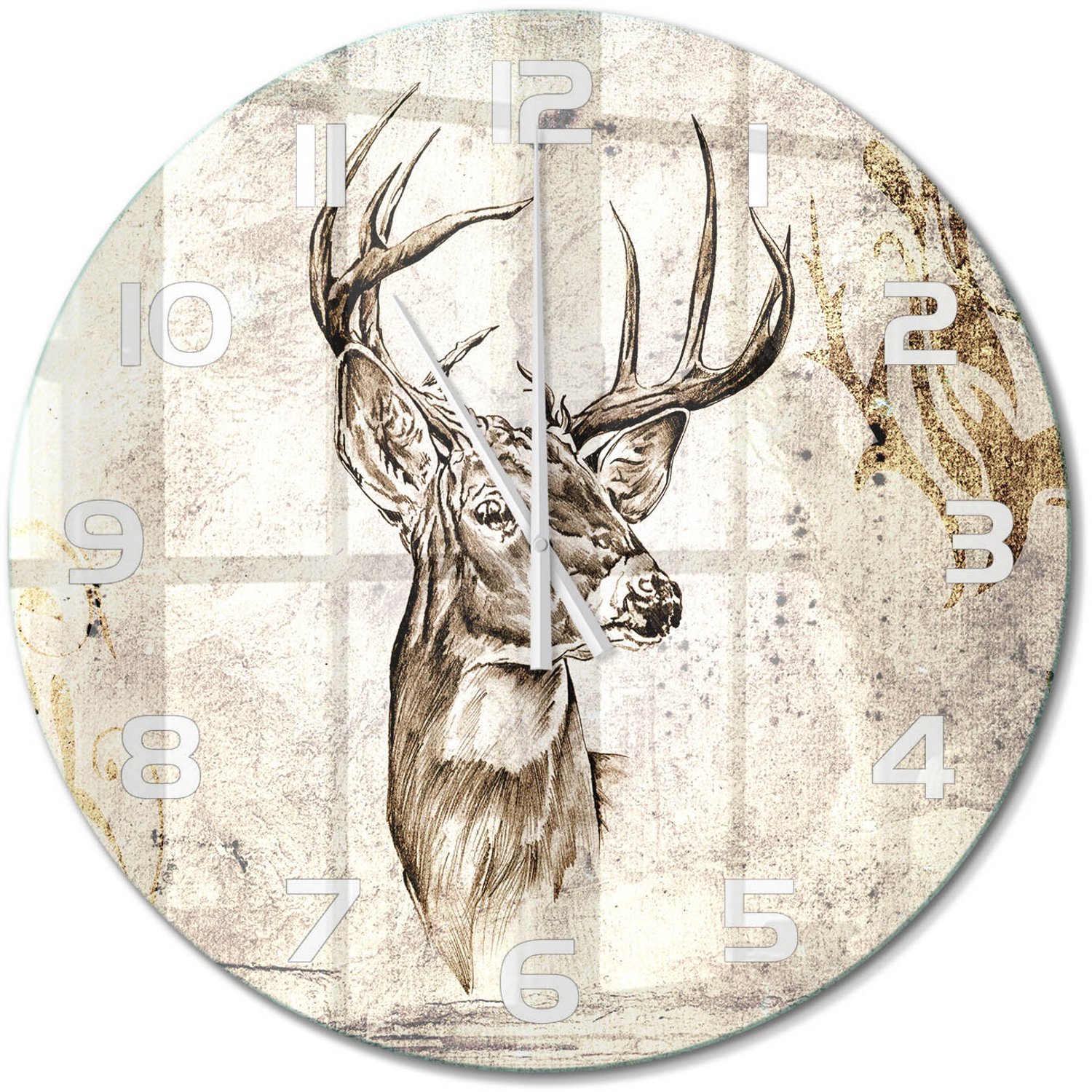 TULUP Wandklok - Hert Klok Glas Met Opdruk - fi60 cm - Beige Moderne Wandklok Glas - Witte handen - Ronde Klok - Decoratieve Glazen Klok - Glazen Wandklok Design