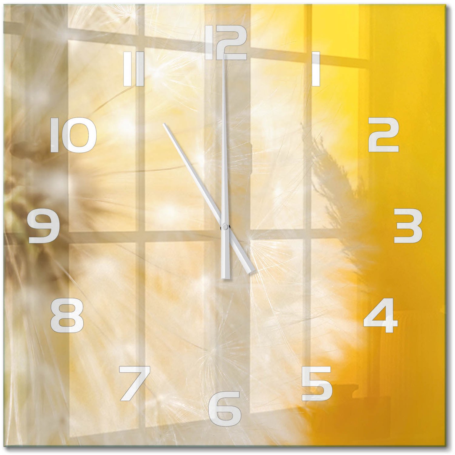 TULUP Wandklok - Paardebloem Klok Glas Met Opdruk - 60x60 cm - Geel Moderne Wandklok Glas - Witte handen - Vierkante Klok - Decoratieve Glazen Klok - Glazen Wandklok Design