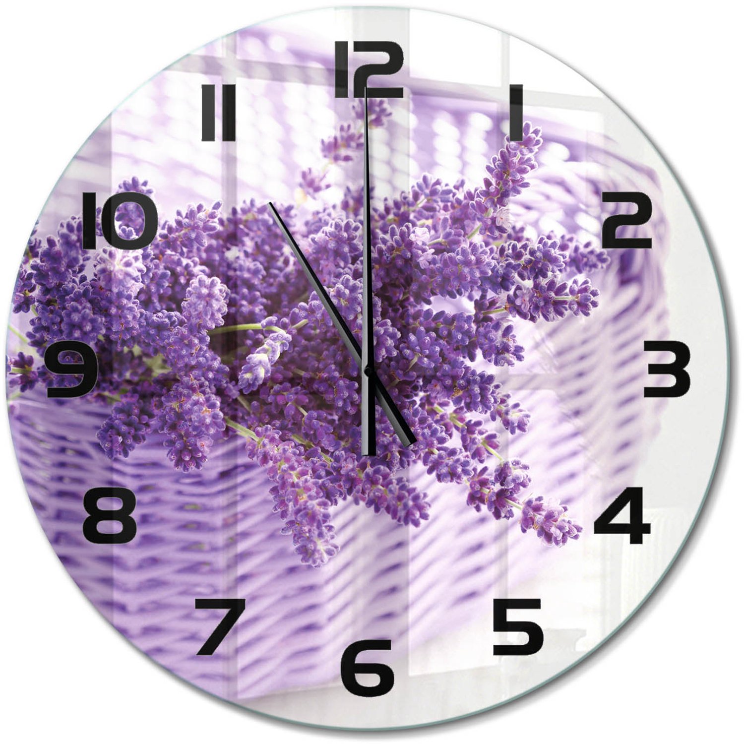 TULUP Wandklok - Lavendel in een mand Wandklok Glas Met Motief - fi60 cm - Paars Decoratieve Glazen Klok - Zwarte handen - Ronde Klok - Gekleurde Glazen Klok - Glazen Klok Met Print