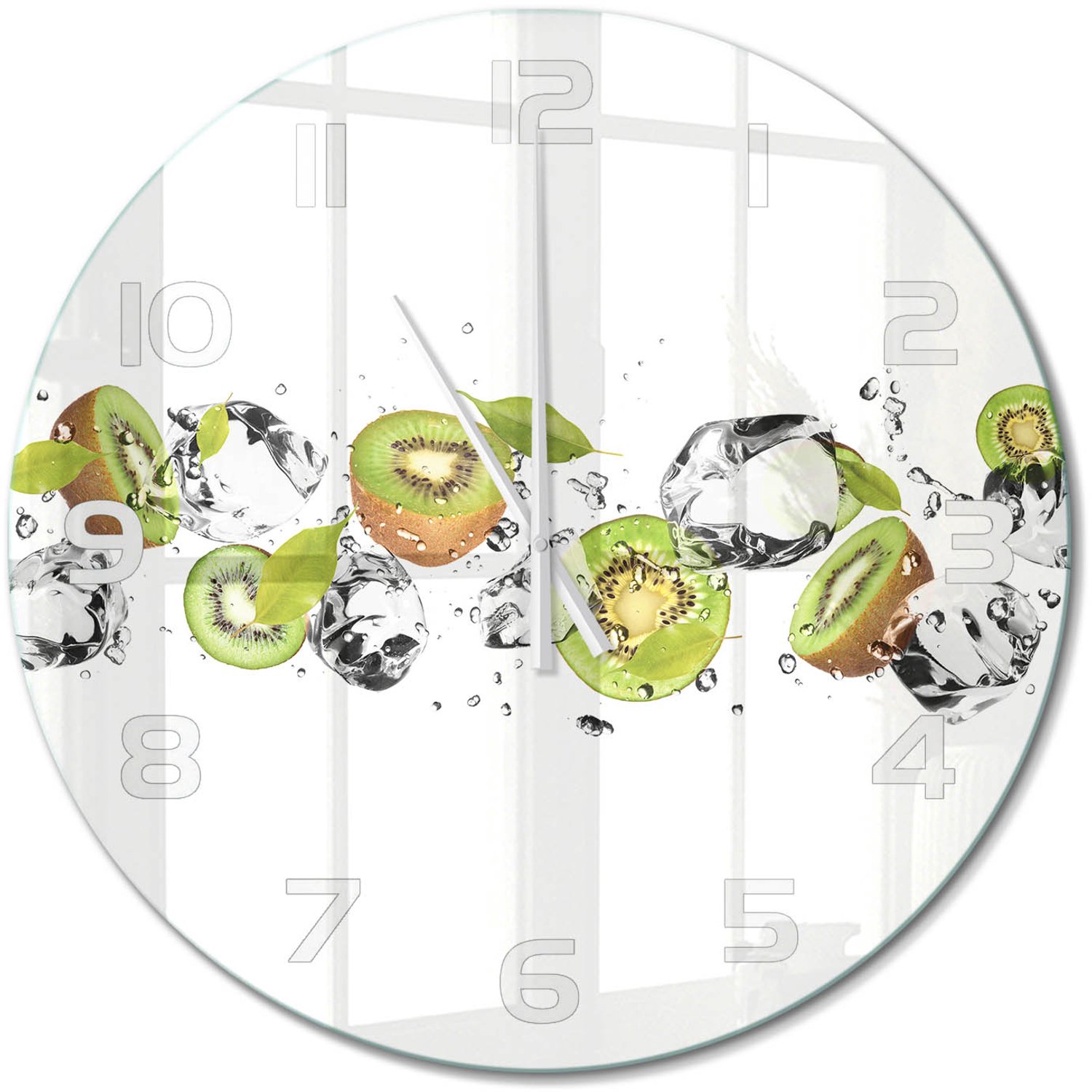 TULUP Wandklok - Kiwi en water Moderne Wandklok Glas - fi60 cm - Groente Wandklok Glas Decoratie - Witte handen - Ronde Klok - Glazen Wandklok Design - Klok Glas Met Opdruk